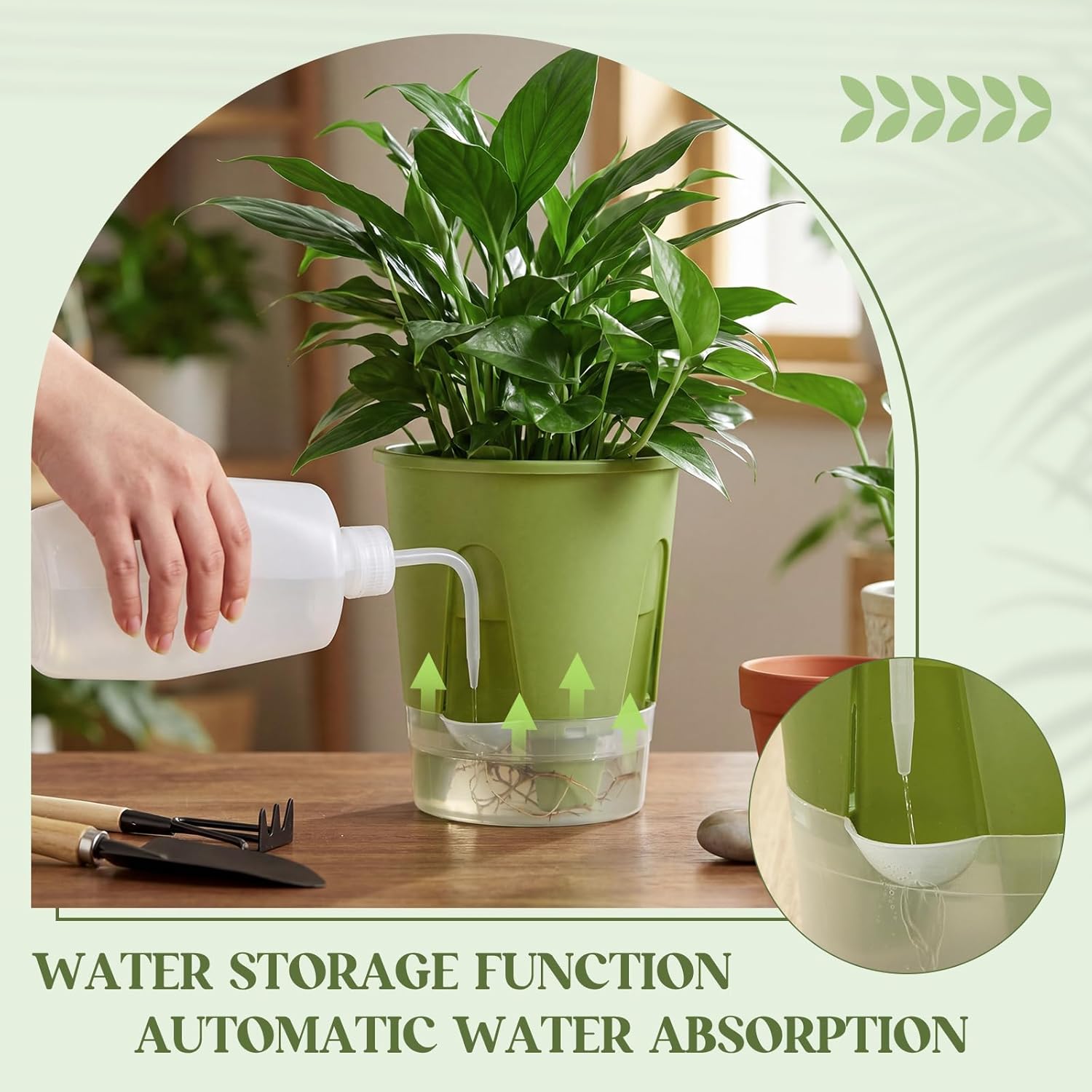 Wonderjune 6 Pcs Self Watering Plant Pots, 4.72''/ 5.91''/ 7.09'' Nursery Pots with Deep Reservoir & High Drainage Holes for Outdoor Plants and Flowers, Bare Root Planter (Green)