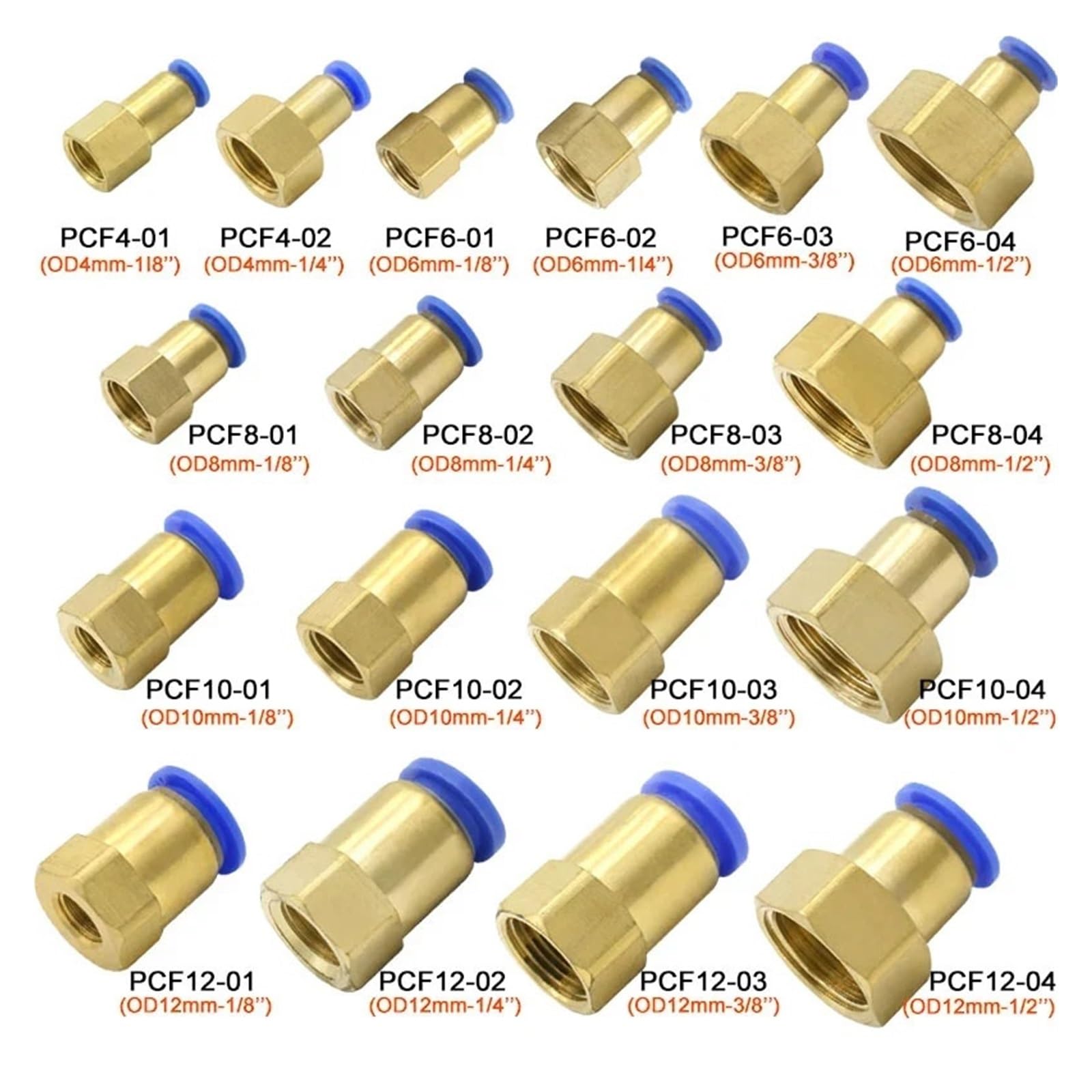 Raccordo for tubo aria PCF 4 6 8 10 12mm Tubo flessibile 1/8 "3/8" 1/2 "BSP 1/4" Filettatura femmina Connettore pneumatico in ottone Raccordo rapido(PCF16-04)