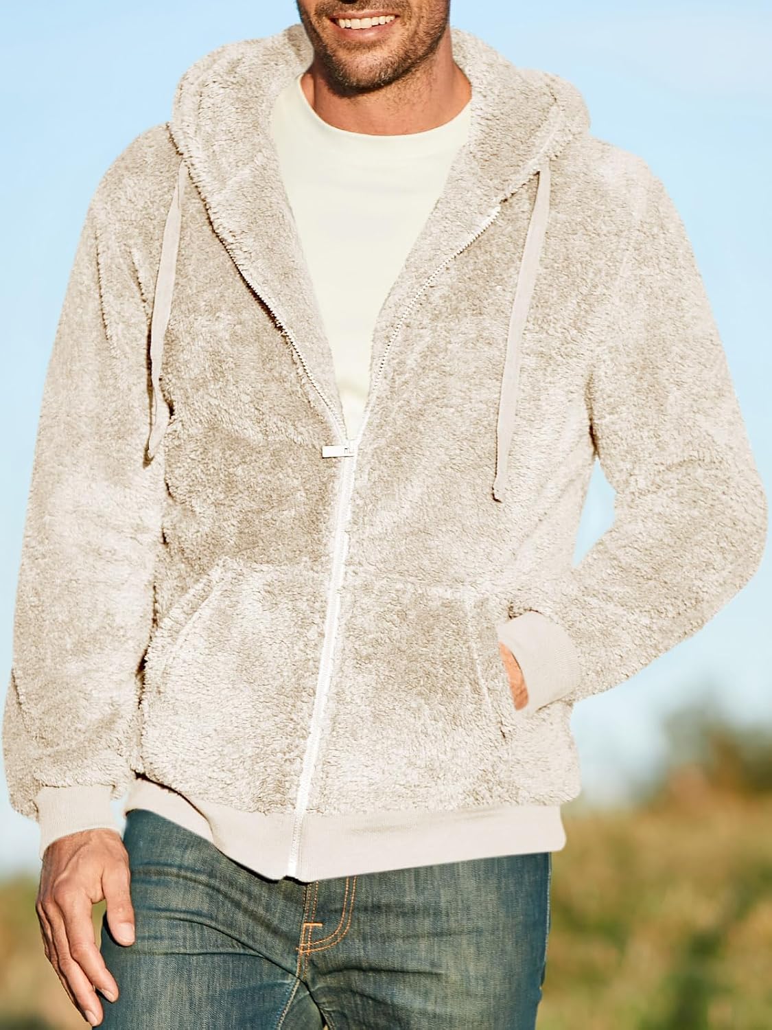 Karlywindow Men's Fuzzy Sherpa Athletic Hoodie Heavyweight Fleece Jacket Zip Up Hooded Sweatshirt Sports Coat - Image 2