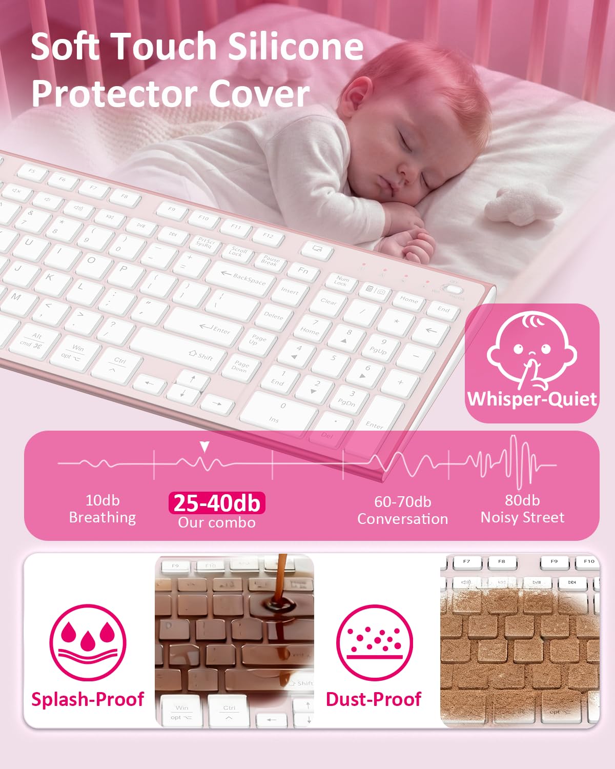 FENIFOX Wireless Silent Keyboard, Ultra Quiet USB C Low Profile Compact Full Size with Number Pad Flat Slim Thin Soft Touch for Mac Computer MacBook iMac PC Laptop Desktop Office (Pink Rose Gold) - 3