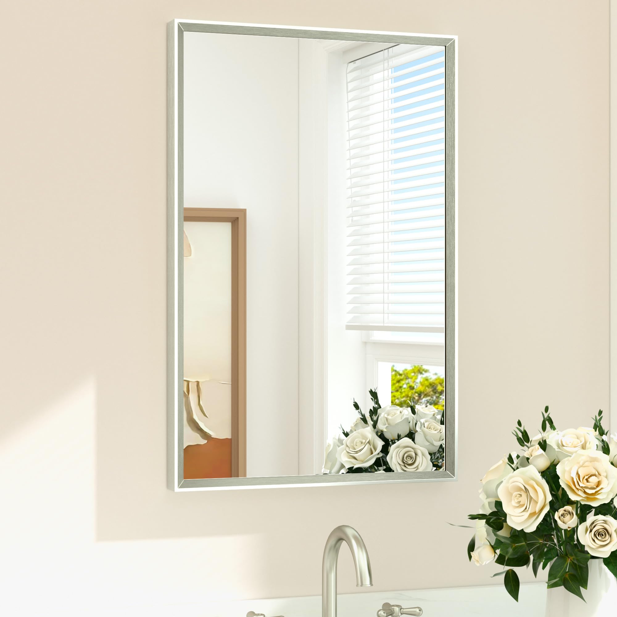 TETOTE Brushed Nickel Mirror 20 x 30 Rectangle Beveled Frame Bathroom Vanity Mirror for Over Sink Brushed Nickel