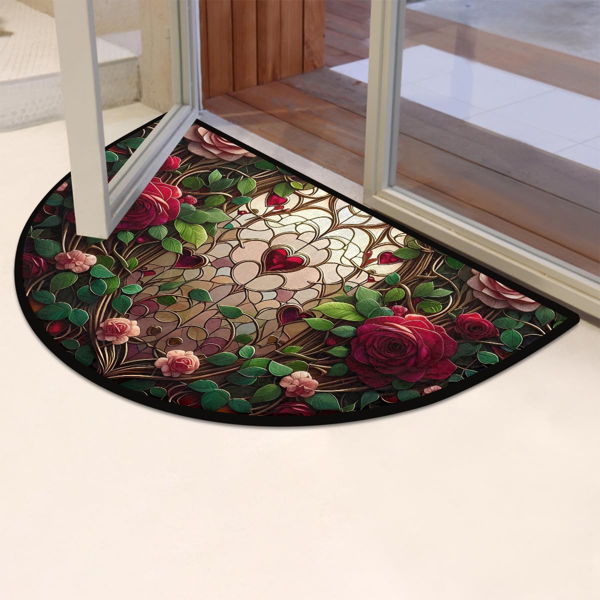 Half Round Door Mat Rose Valentine's Day Love Non Slip Washable Semi Circle Area Rug Absorbent Soft Half Moon Rug Floor Mat for Indoor Outdoor Kitchen Bathroom Patio Front Door Mat Decor