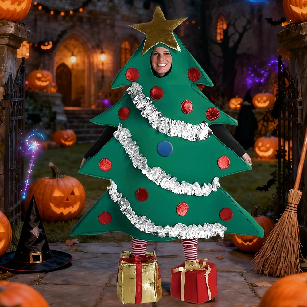 PLLYPE Christmas Tree Costume Cosplay Set including Green Xmas Tree Shaped Stage Performance Costume and Gift Shaped Shoes Unisex Clothes Set - Image 4