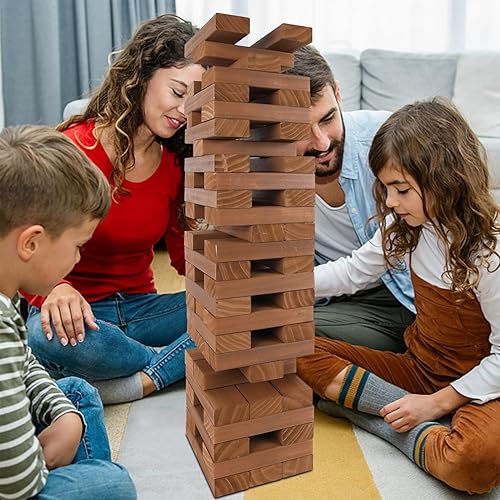 Miniatura 8 de Juegoal Torre gigante de 54 piezas marrón para adultos y niños, juego de apilamiento de bloques de madera con tablero de juego y bolsa de lona,