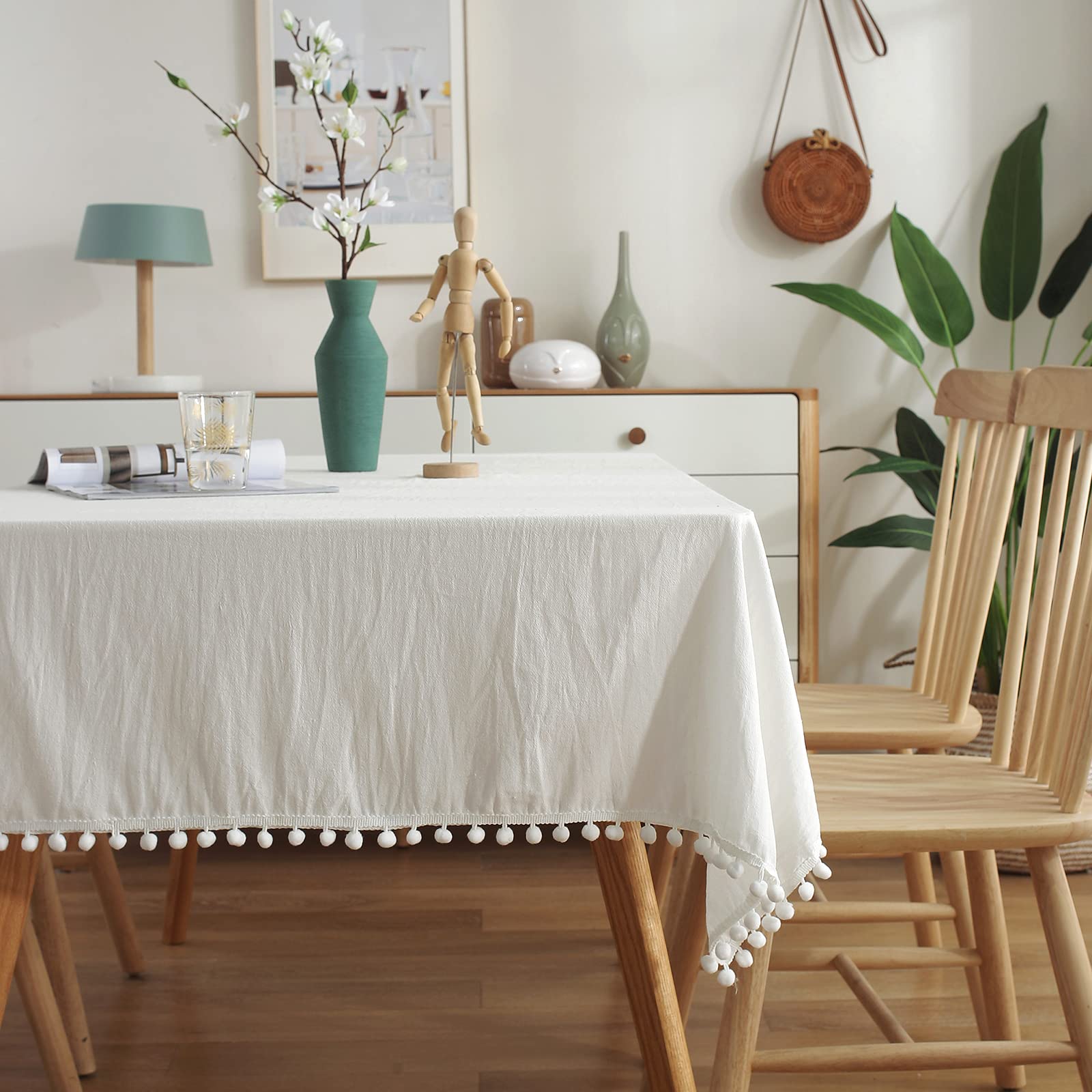 rismart Rechteck Tischdecke Tischtuch Pom Pom Couchtisch Decke Weiß,140 x 260 cm