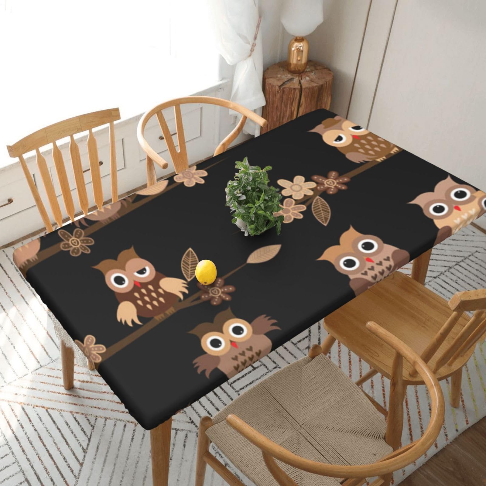 DCEHGEW Elastic Fitted Rectangle Tablecloth for 5ft Tables, Cute Brown Cartoon Owls Printed Oilproof & Washable Fabric Picnic Table Cloth Table Covers