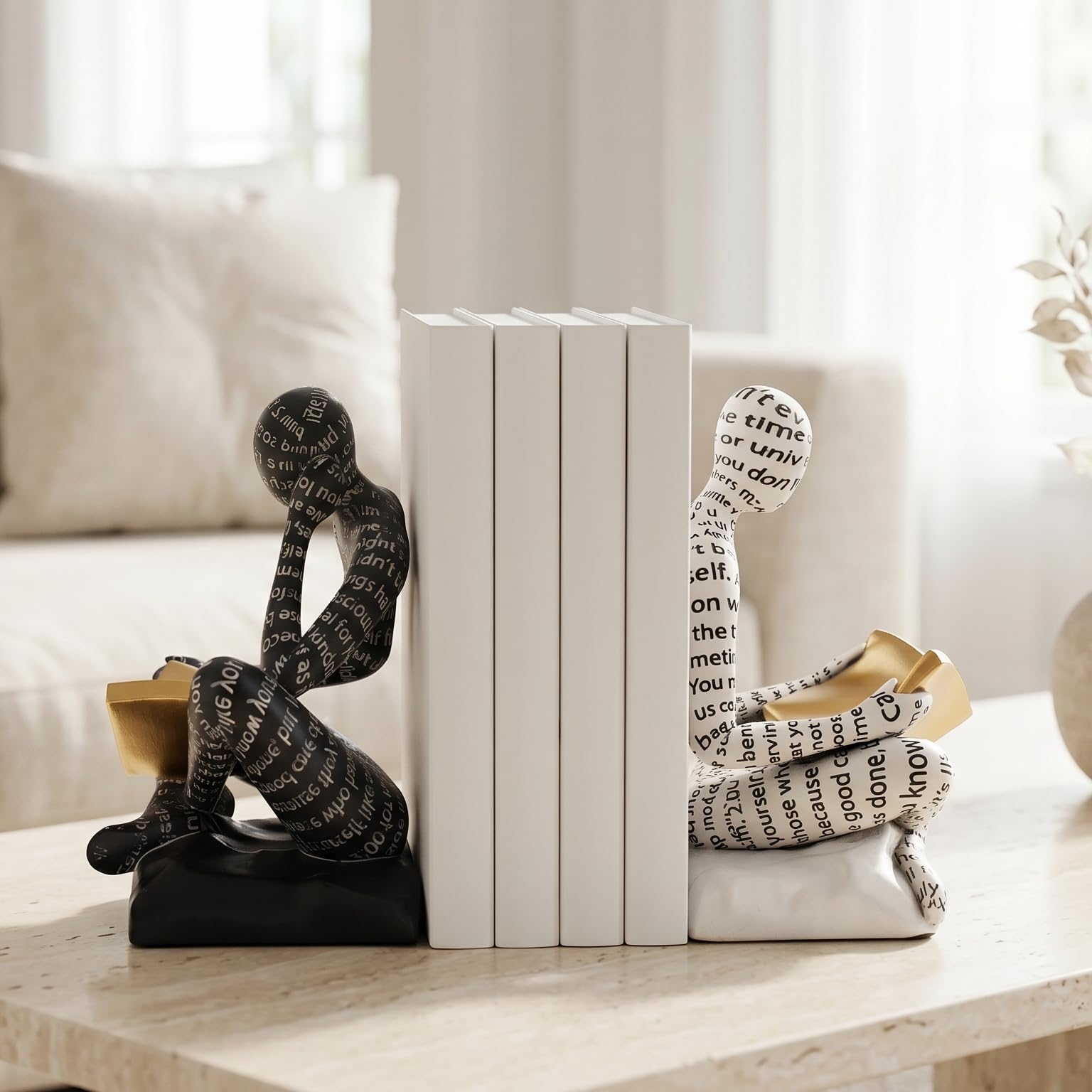 Thinker Bookends for Shelves, Decorative Book Ends, Heavy Duty Book Stoppers, Black and White Decor, Modern Unique Office Home Office Decoration Bookshelf Accessories