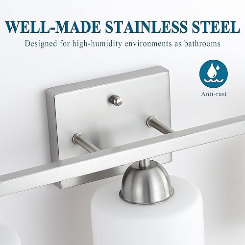 Miniatura 3 de Lámpara de tocador de baño de acero inoxidable con cristal de leche sobre el espejo, 3 lámparas de baño de níquel cepillado con vidrio esmerilado,