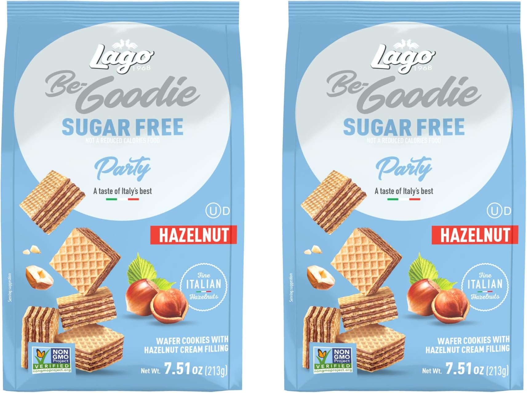 Gastone Lago Party Wafers Cookies, Hazelnut Sugar Free – 7.5 oz Each (2-Pack) | Italian Crispy Wafer Cookies with Creamy Hazelnut Filling
