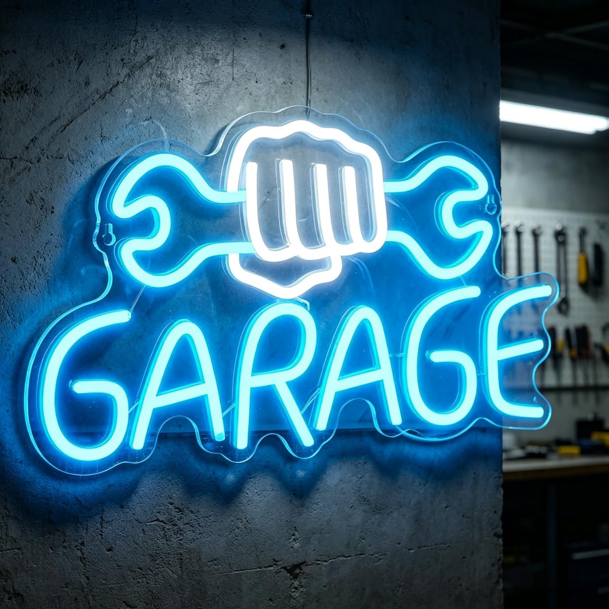 Niestandardowy neonowy znak do garażu, pięść i klucz LED, neonowa lampa ścienna, ściemniana neonowa lampa USB do warsztatu mechanika, do salonu samochodowego, spersonalizowany prezent na Dzień Ojca