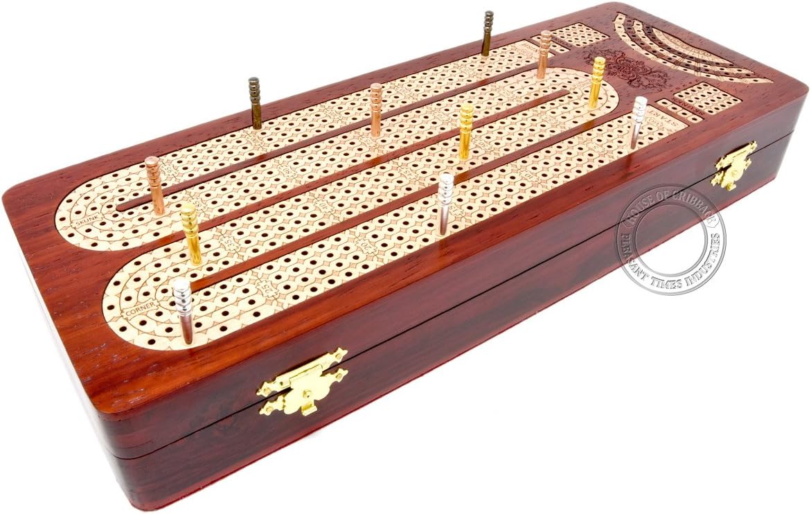 House of Cribbage - Continuous Cribbage Board/Box Inlaid in Bloodwood/Maple : 4 Tracks with Score Marking Fields for Skunks, Corners and Won Games