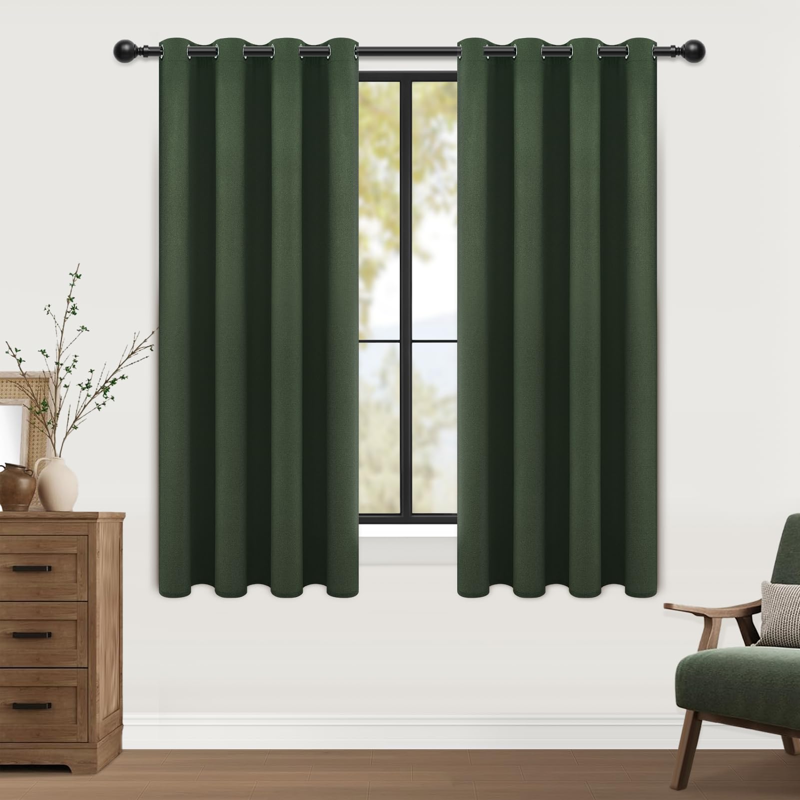 MRTREES 100% Cortinas Opacas Lino Cortas para Ventanas Dormitorio 2 Piezas Verde Oliva 132x160 CM, Cortinas de Salon Termicas Aislantes Frio y Calor, Cortina Habitacion Blackout con Ojales Global Recycled Standard Global Recycled Standard Global Recycled Standard