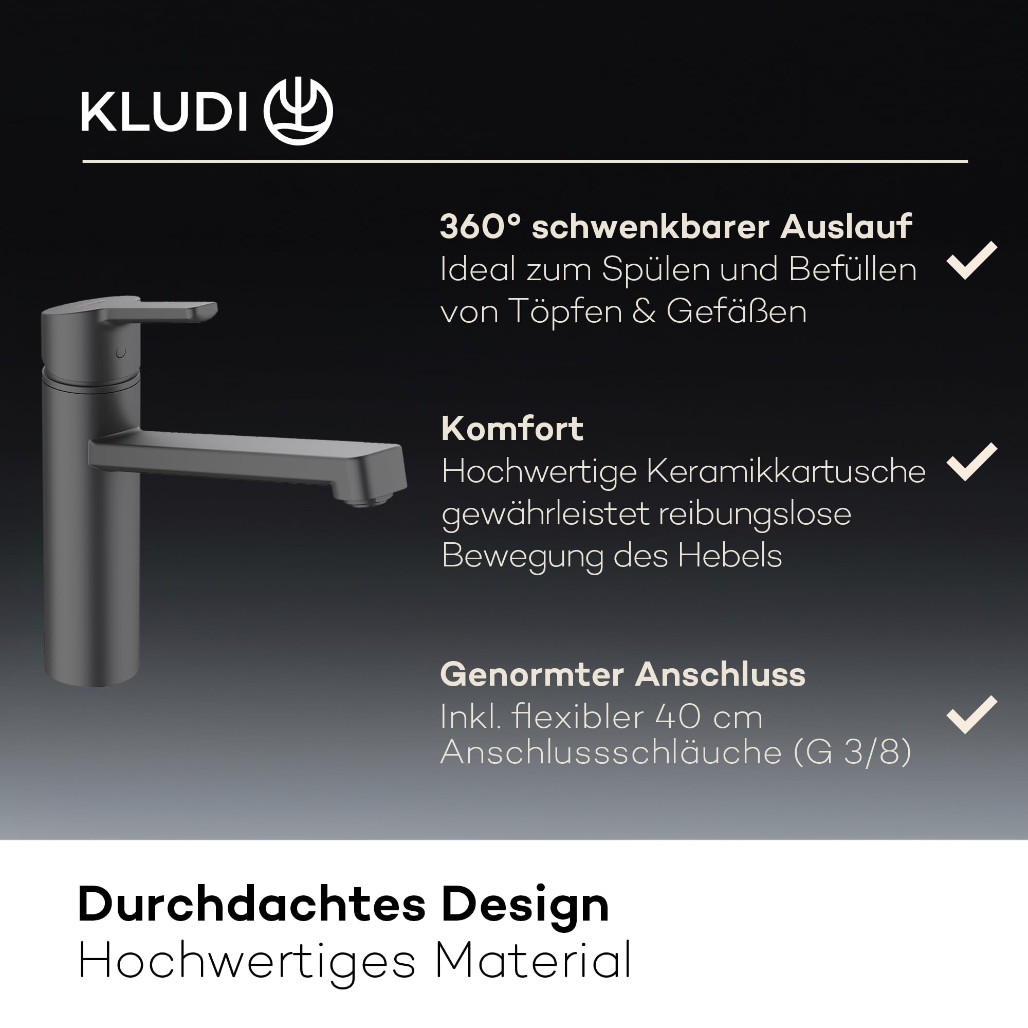 KLUDI-M3 Niederdruck Armatur Küche 360° schwenkbar, Wasserhahn Küche Schwarz mit 1 Strahlart, Mischbatterie Küche mit komfortabler Auslaufhöhe von 17 cm, Küchenarmatur Schwarz