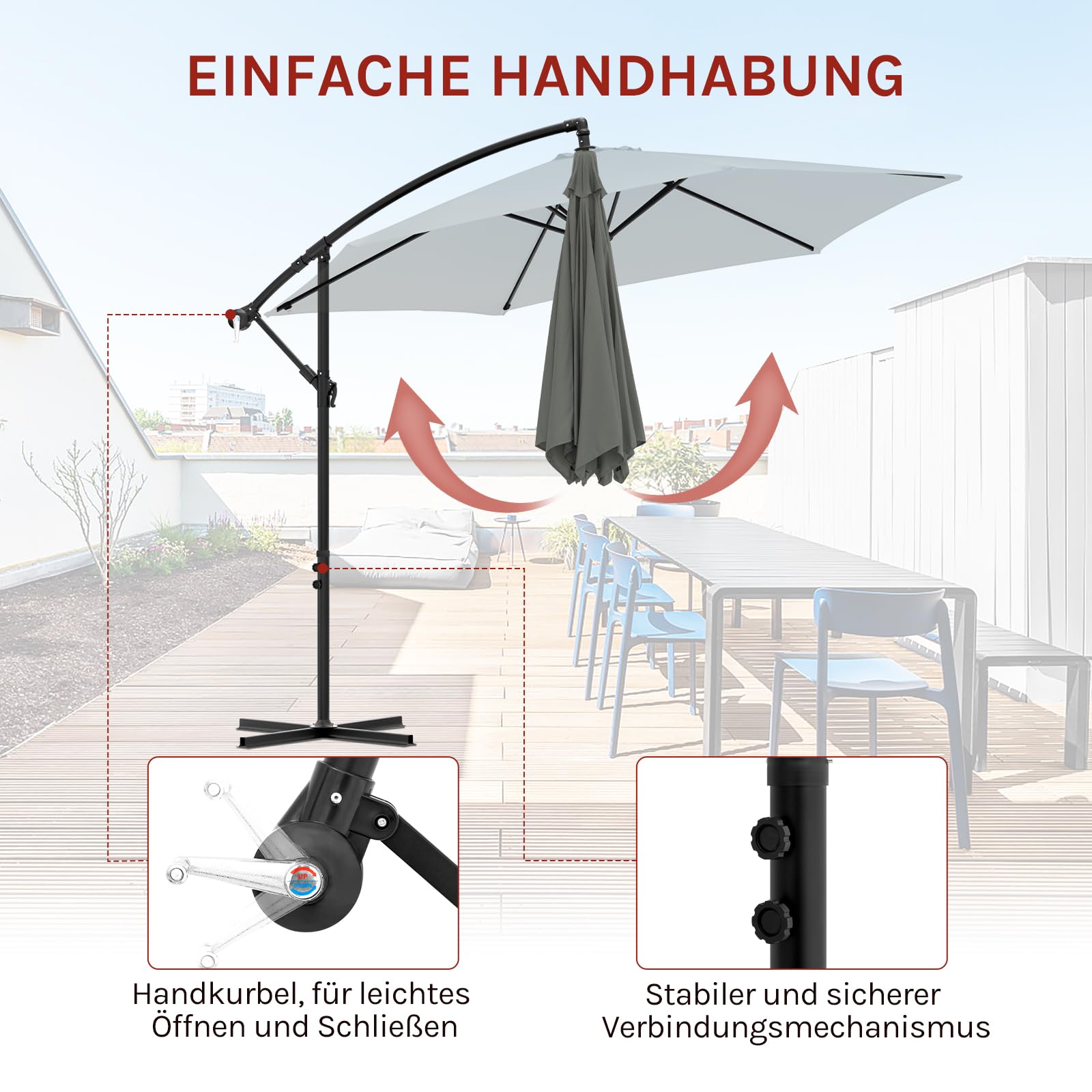 WOLTU Ampelschirm Sonnenschirm Ø310 cm & Kurbelvorrichtung Kurbelschirm mit Schutzhülle und Ständer, Gartenschirm Sonnenschutz UV-Schutz | Wasserdicht 360° Grad Drehbare Marktschirm, Dunkelgrau