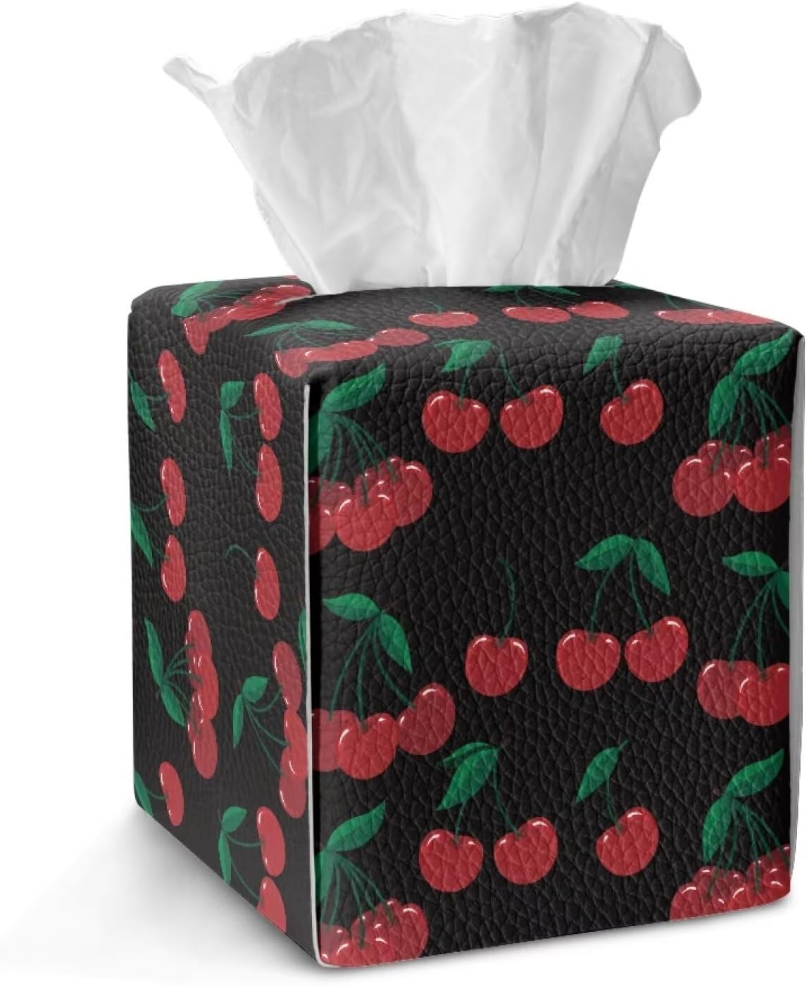 Wanyint Facial Tissue Box Cover PU Leather Square Tissue Holder Organizer Snap Closure for Easy Refill Storage for Parlors Kitchen Bathroom Car RV Decor, Cherry Black