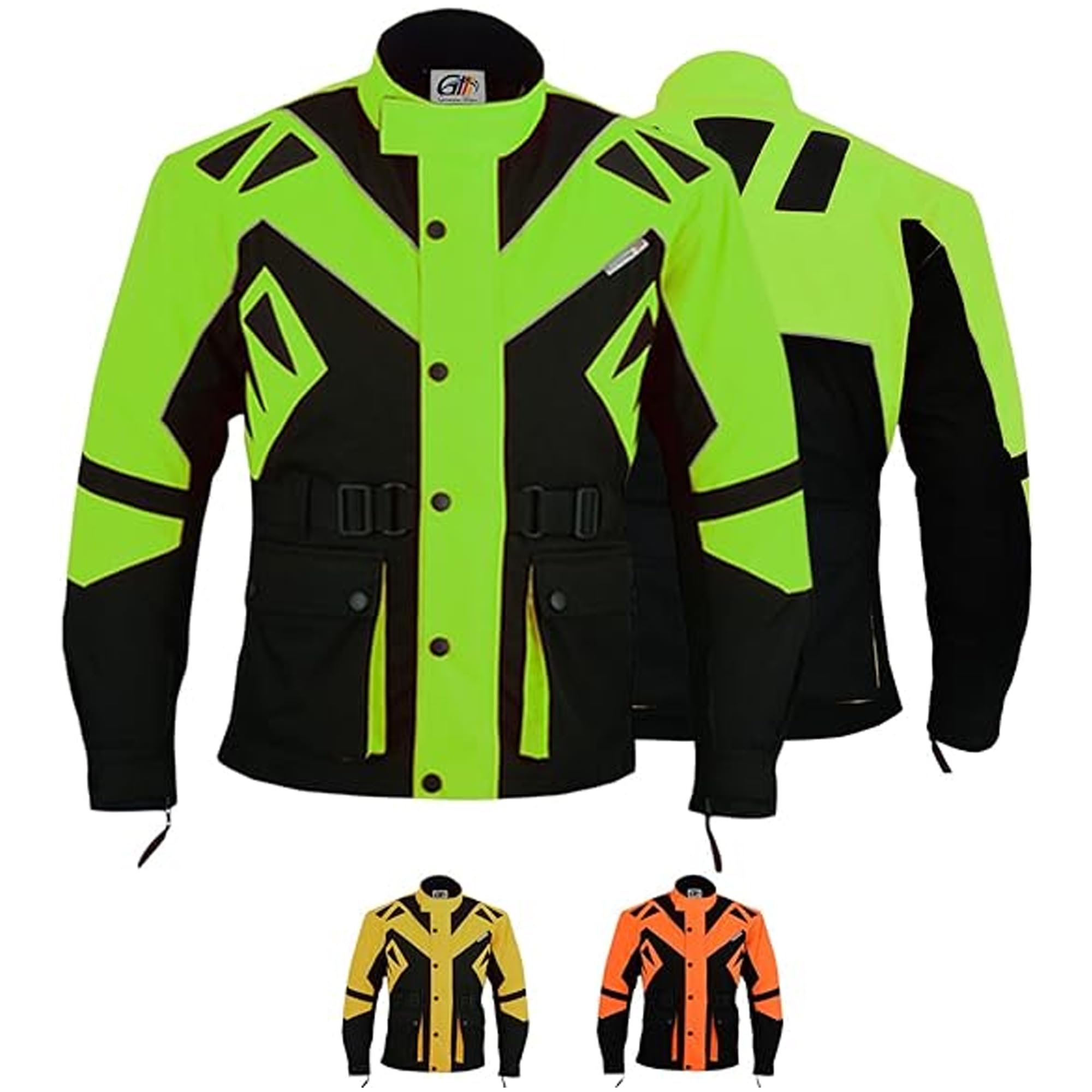 German Wear Motorradjacke mit CE-Protektoren 4-Lagen System Abnehmbares Thermofutter Winddicht Reflektierend mit 5 Taschen für Touring & Alltag Orange Gelb Grün/Schwarz
