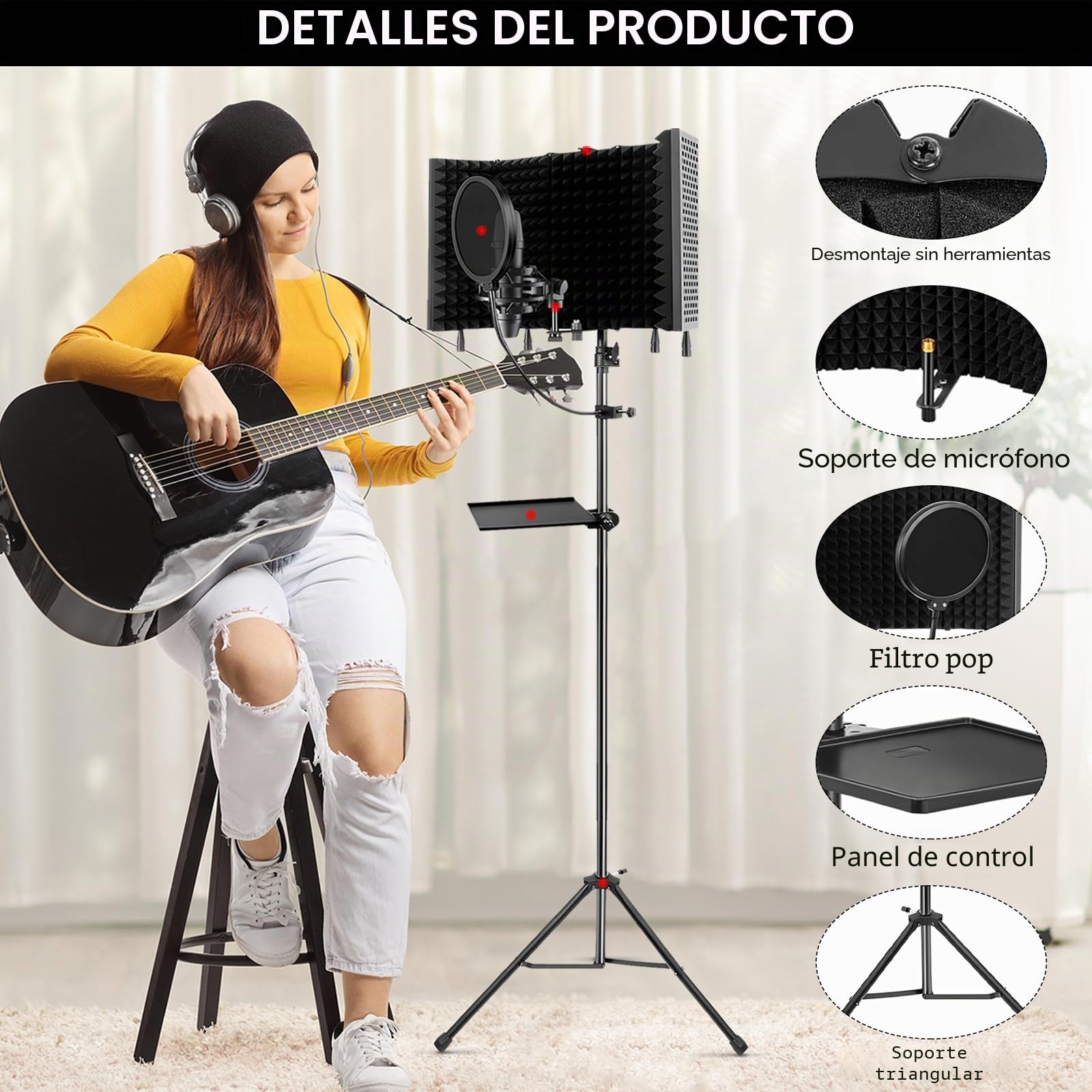 Insonorización De Micrófonos, 5 Paneles Pantalla Antiviento De Espuma Acústica Con 180cm Trípode Para Adaptadores De Micrófono De 9,5 mm A 16,5 mm Para Equipos De Grabación Y Estudio