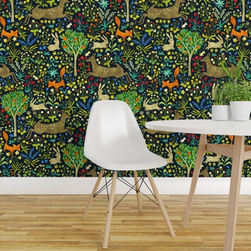 Removable Wallpaper 3ft x 2ft - Animals Deer Fox Forest Flowers Rabbit Custom Pre-Pasted Wallpaper by Spoonflower