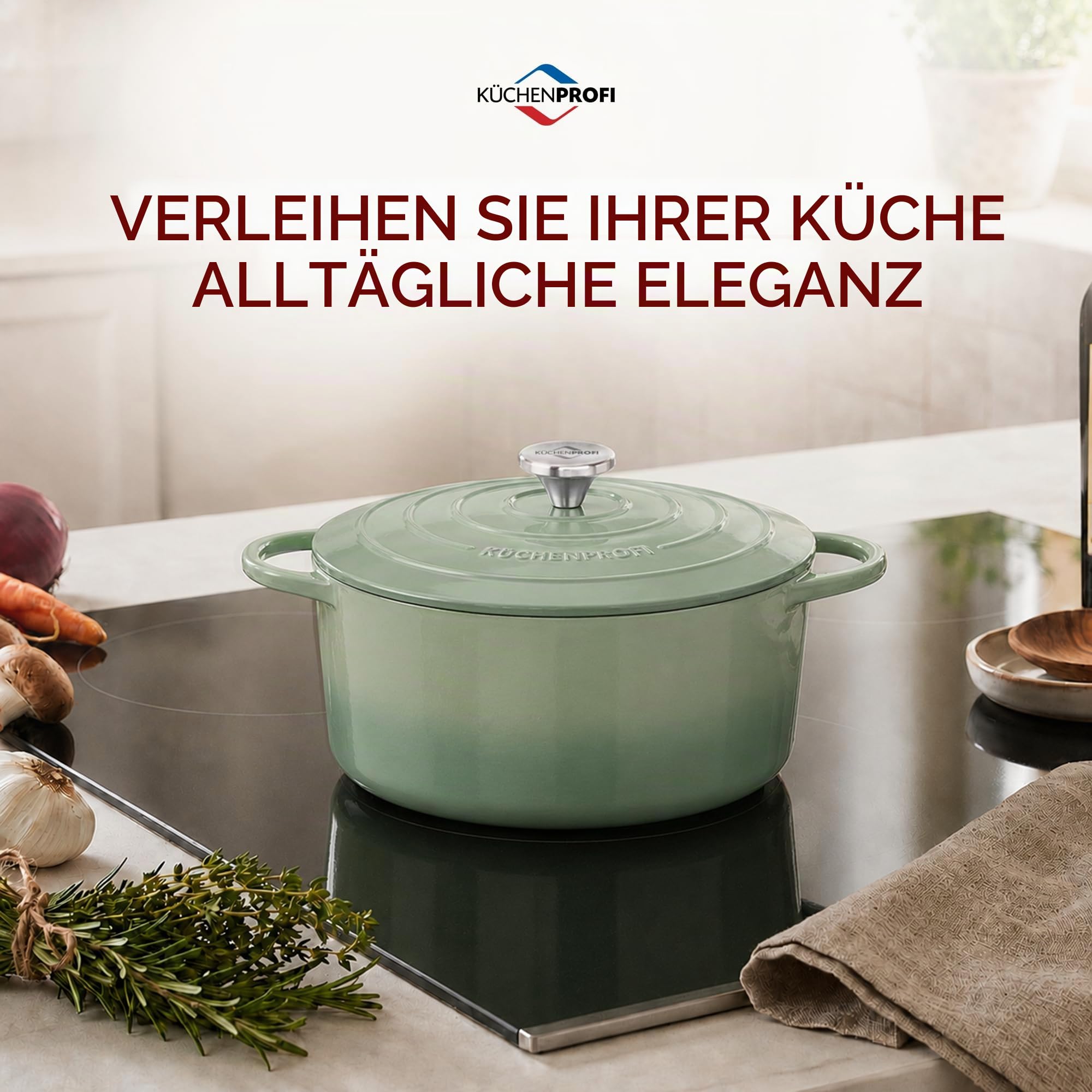 KÜCHENPROFI Gusseisen-Bräter mit Deckel, emailliert, 24 cm, Jade | Runder Gusseisen-Bräter mit Energieeffizienz, optimaler Wärmespeicherung, Edelstahlknopf, für alle Herdarten geeignet