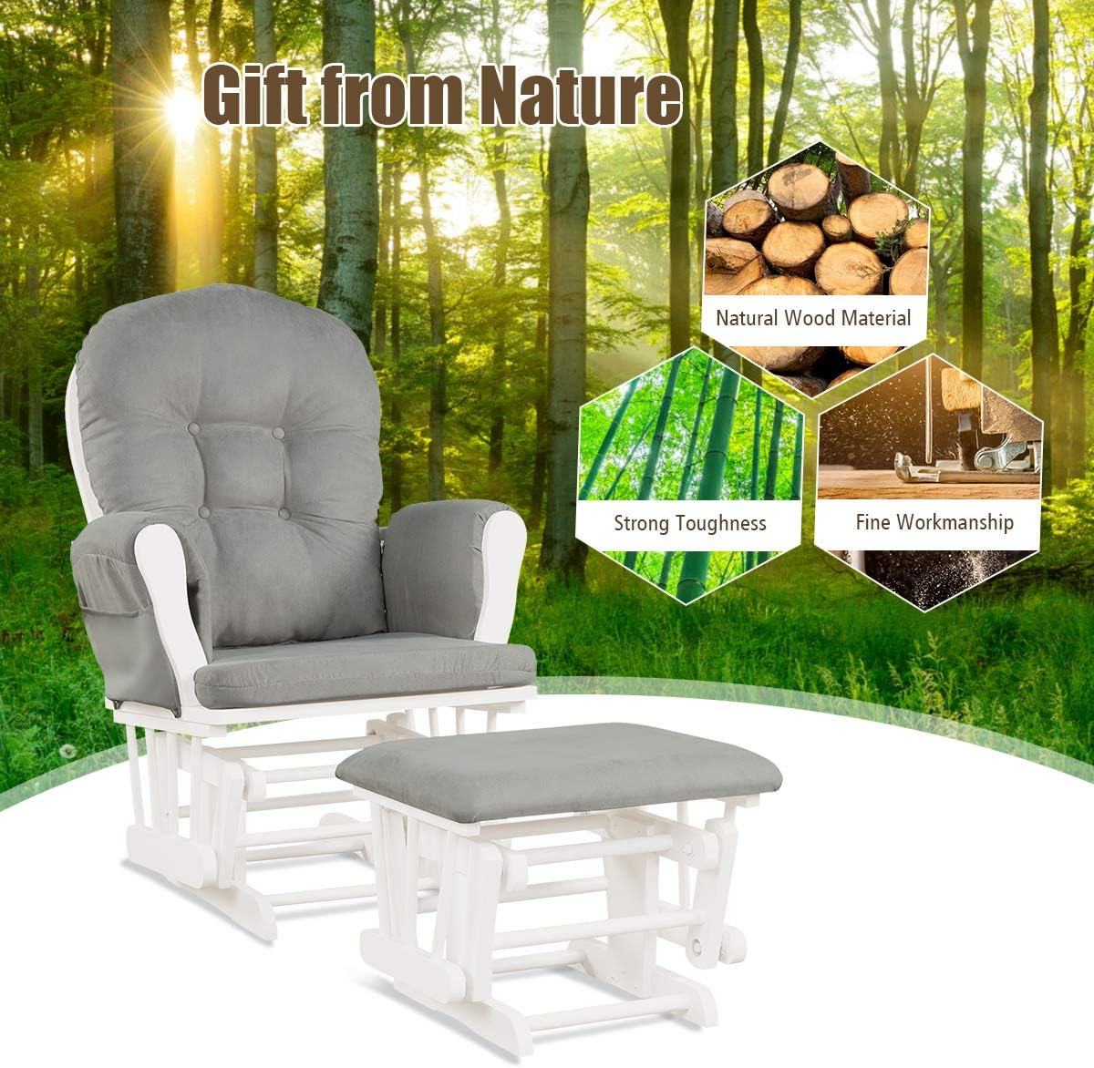 Costzon Nursery Glider with Ottoman, Upholstered Comfort Glider Rocker with Padded Cushion, Storage Pocket, Solid Wood Base, Rocking Chair Nursery for Breastfeeding, Napping (Light Gray)