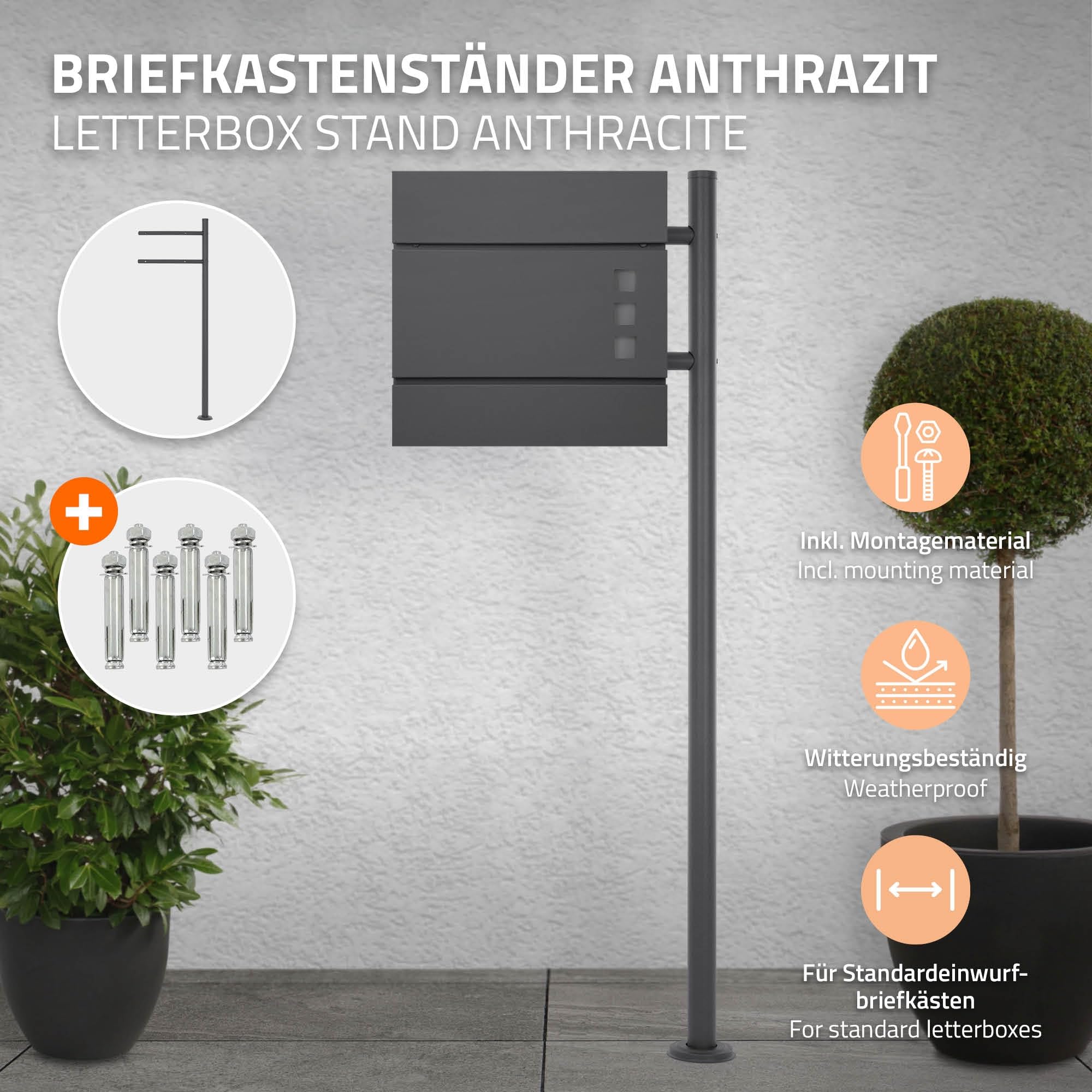 ML-Design Supporto per Cassetta delle Lettere in Acciaio Inox Verniciato a Polvere Antracite Altezza 120 cm Palo di Sostegno da Pavimento Cassetta Postale Stand Verticale Casella della Posta Moderno