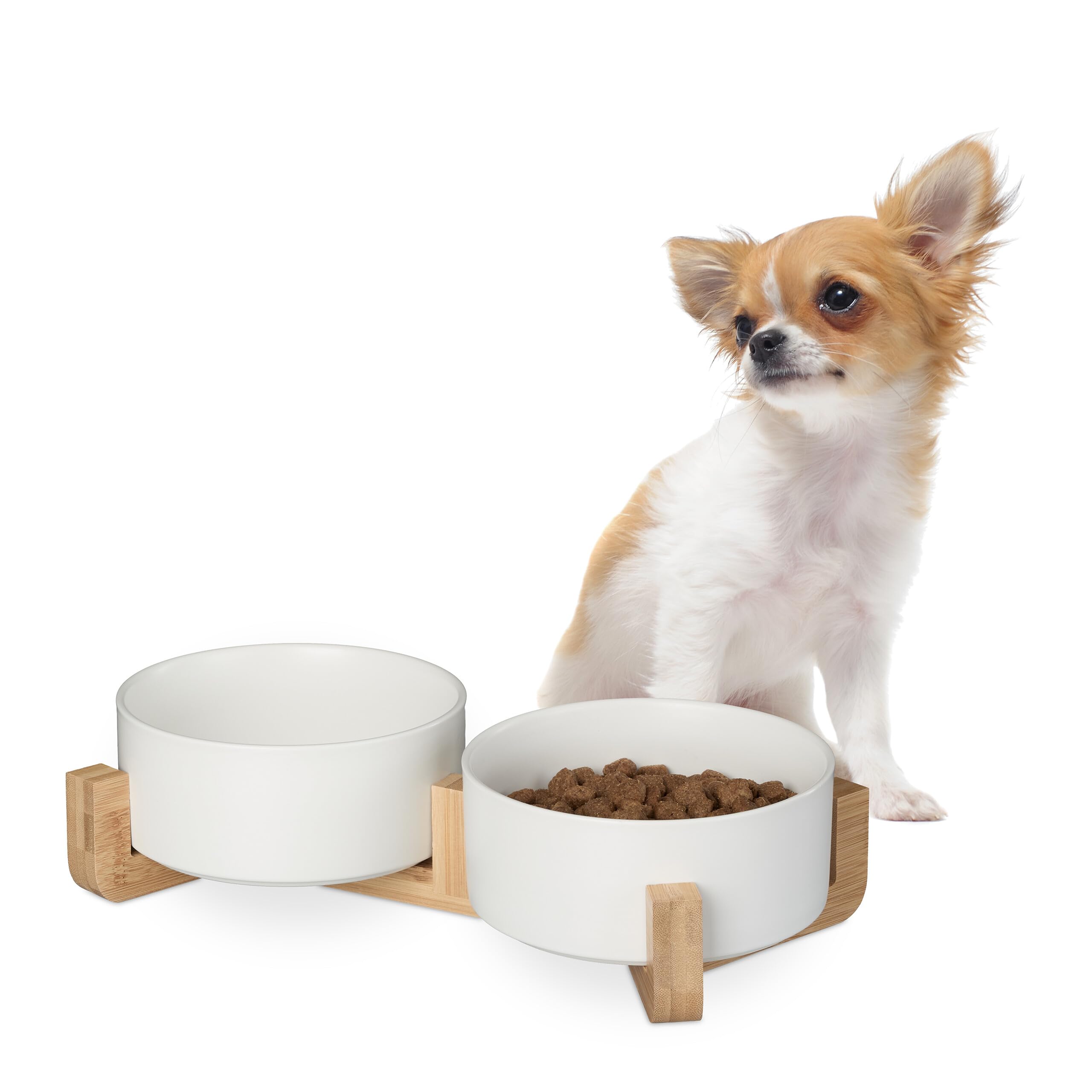 Relaxdays Gamelle, 850 ML, pour Eau et Nourriture, avec Structure en Bambou, HxLxP : 9 x 32 x 17 cm, Blanc