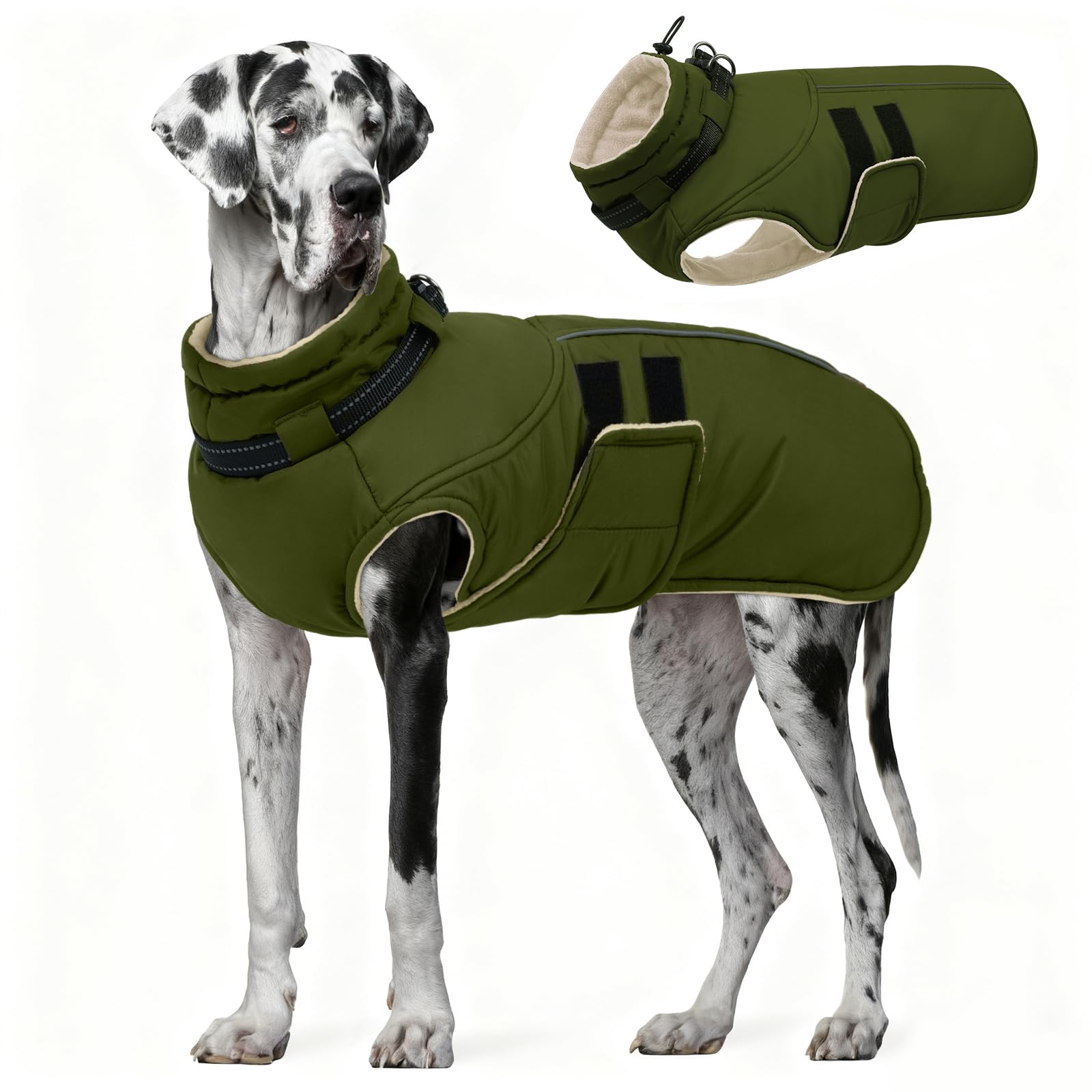 IECOii Dog Waterproof Fleece Coat,Extra Large Dog Jacket,Snowproof Dogs Coats Thick Fleece Pet Jacket with Adjustable Collar,Reflective Winter Coat for Dogs Cold Weather Walking Playing,Green,5XL