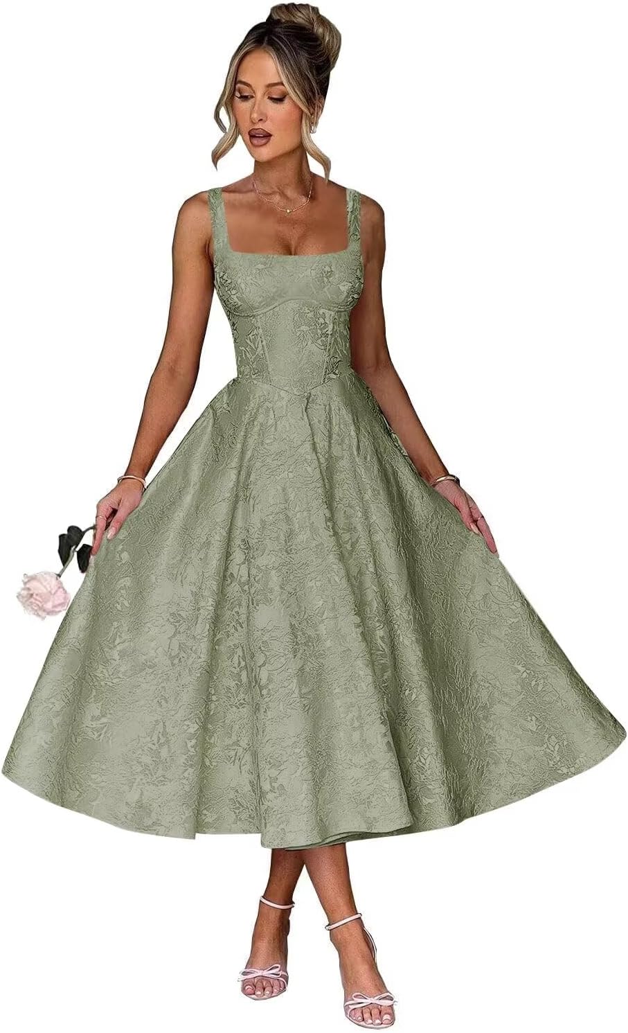 Floral Satin Prom Dresses 2026 for Women Wide Straps Formal Evening Gown Tea Length with Pockets