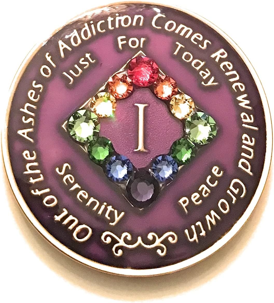 1 Year NA - LGBT Purple Bling Medallion - Chip, Coin, Token, with Rainbow Crystals