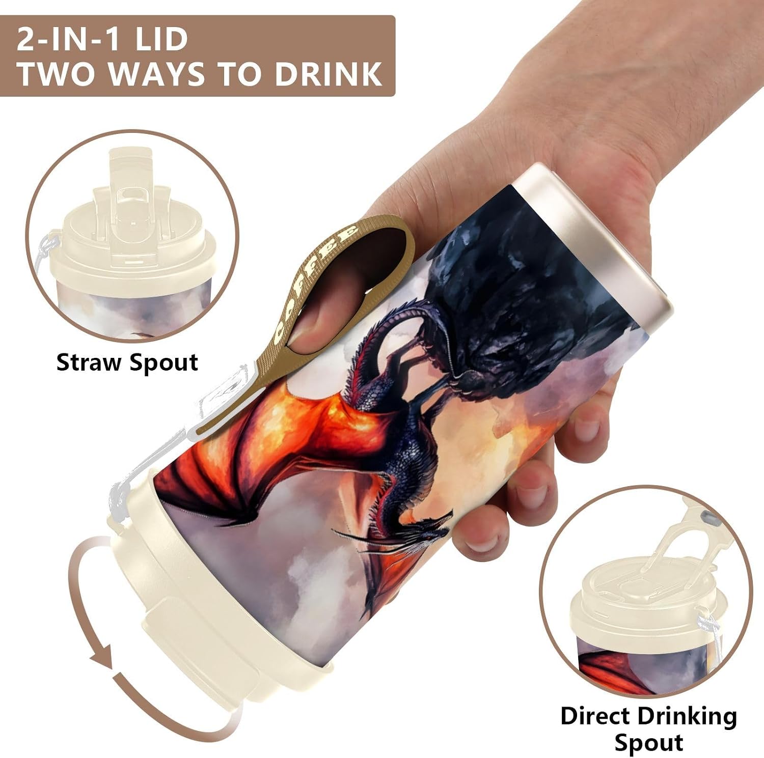 Dragon Landscape Rocky Insulated Coffee Mug with Straw & Flip Lid, 16.9oz Iced Tumbler Cup, Double Wall Vacuum Leak-Proof Mug for Travel Office