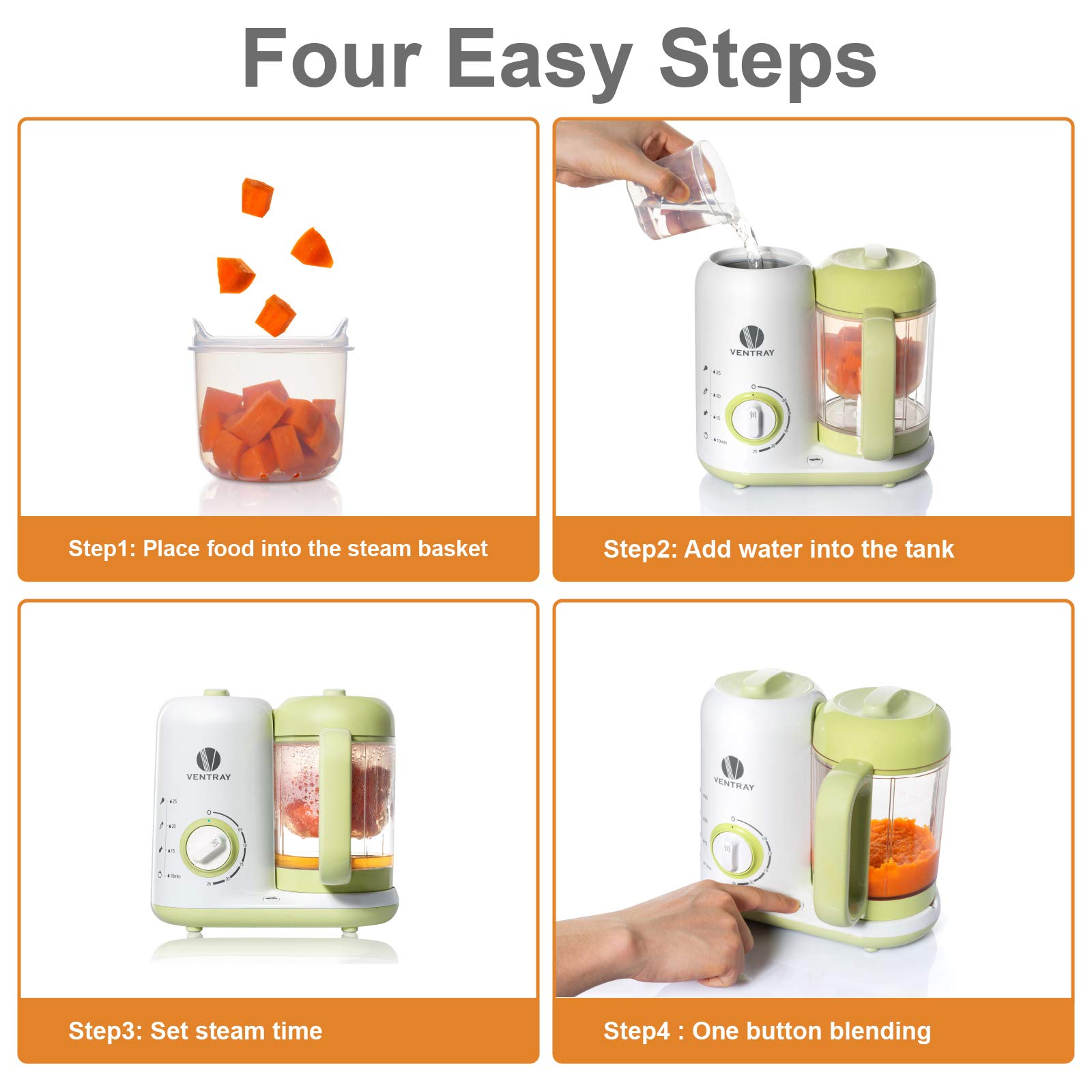 Ventray Baby Food Maker, Puree Küchenmaschine Dampfgarer Mixer Herd Wärmer Maschine für Kleinkinder Baby, All-in-One Auto Kochen Leicht zu reinigen und BPA-frei - Grün