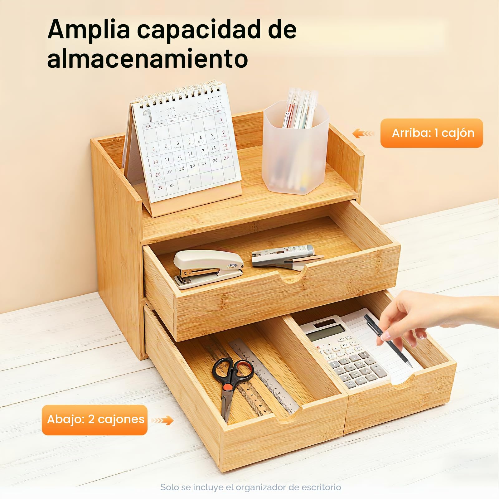 Organizador de escritorio de bambú con 3 cajones, organizador de oficina, caja de almacenamiento, caja de cajones natural, 30 x 19 x 20 cm