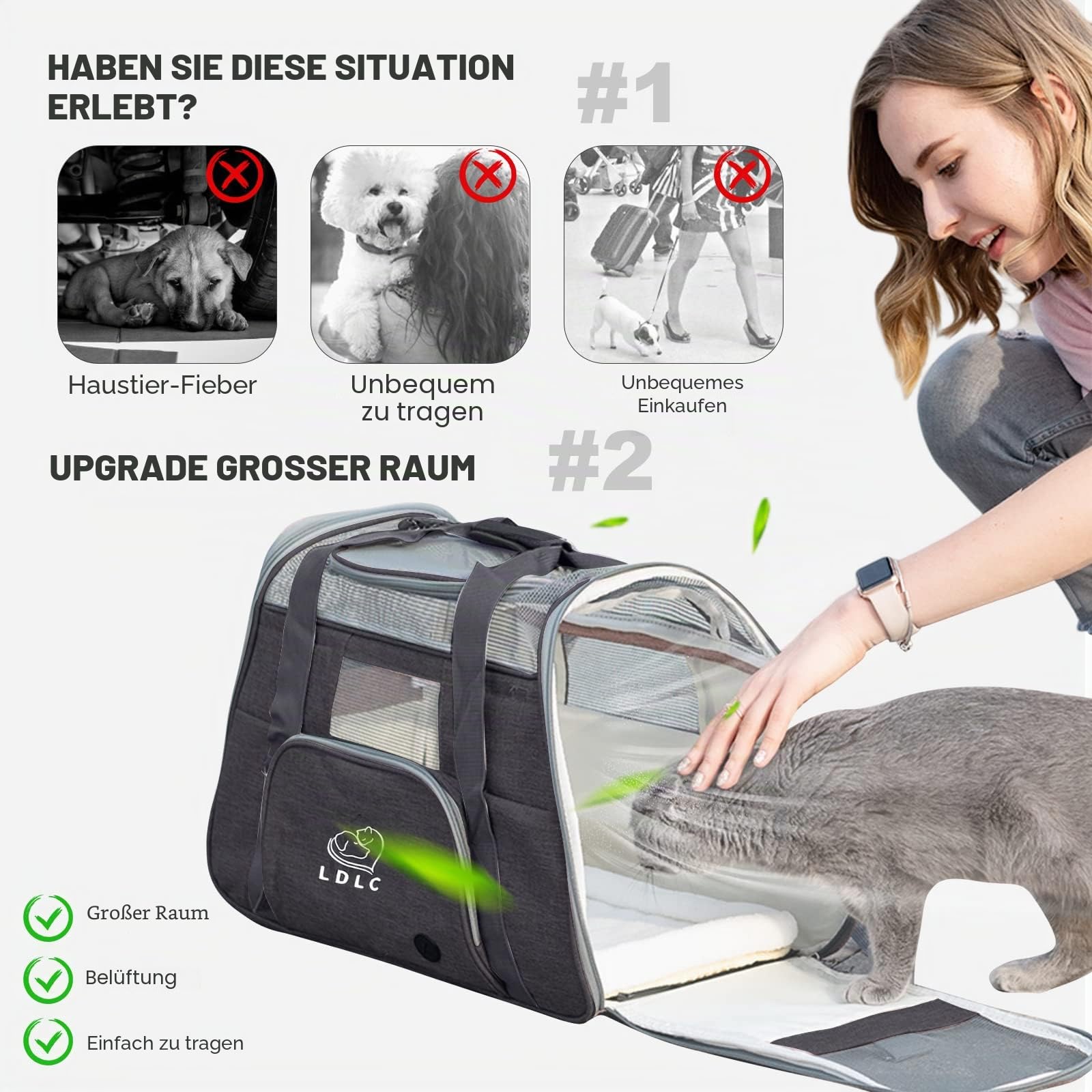 PETCUTE Hundetransportbox,Atmungsaktive Katzen Tragetasche Katze transportbox Tragetaschen mit Weicher Matratze, Stoff Oxford Haustiertragetasche mit Schultergurt,Airline Zugelassen Schwarz