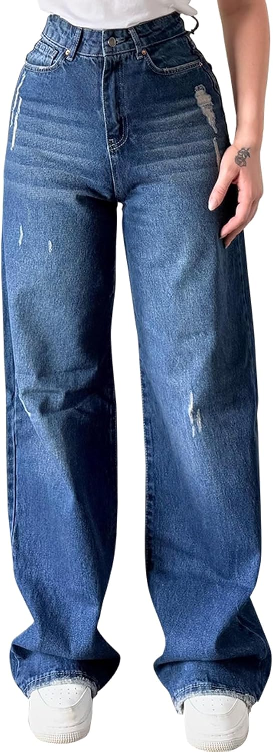 FairBeauty Women's Straight Leg High Waist Baggy Denim Jeans Loose Boyfriend Casual Stretchy Jeans