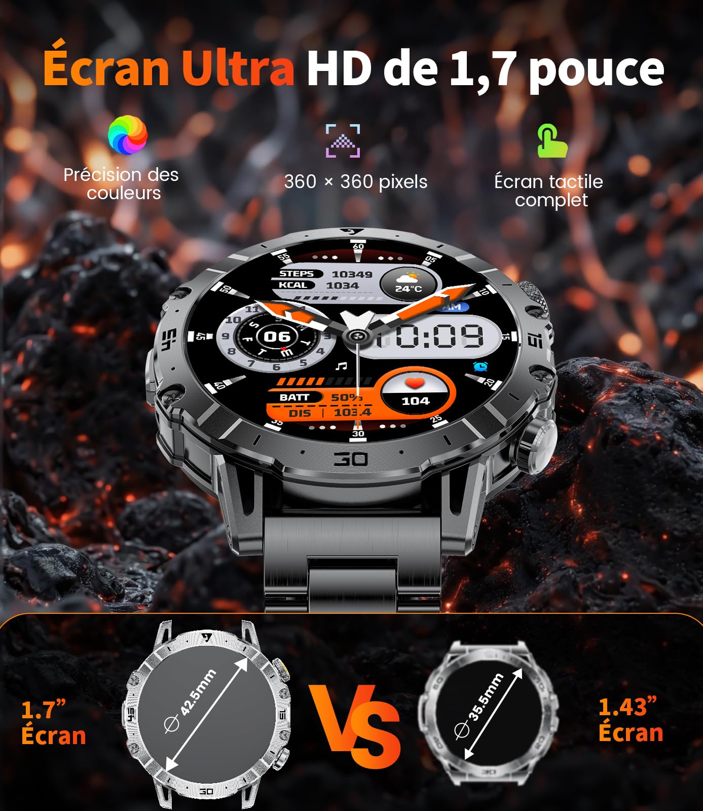 LIGE Montre Connectée Homme 1000mAh, 3 Bracelets + 2 Chargeurs, 1.7'' Smartwatch avec LED Lampe, 110+ Modes Sportifs, Étanchéité IP68, Appels Bluetooth, Surveillance Cardiaque 24H, Android/iOS,EF18-A