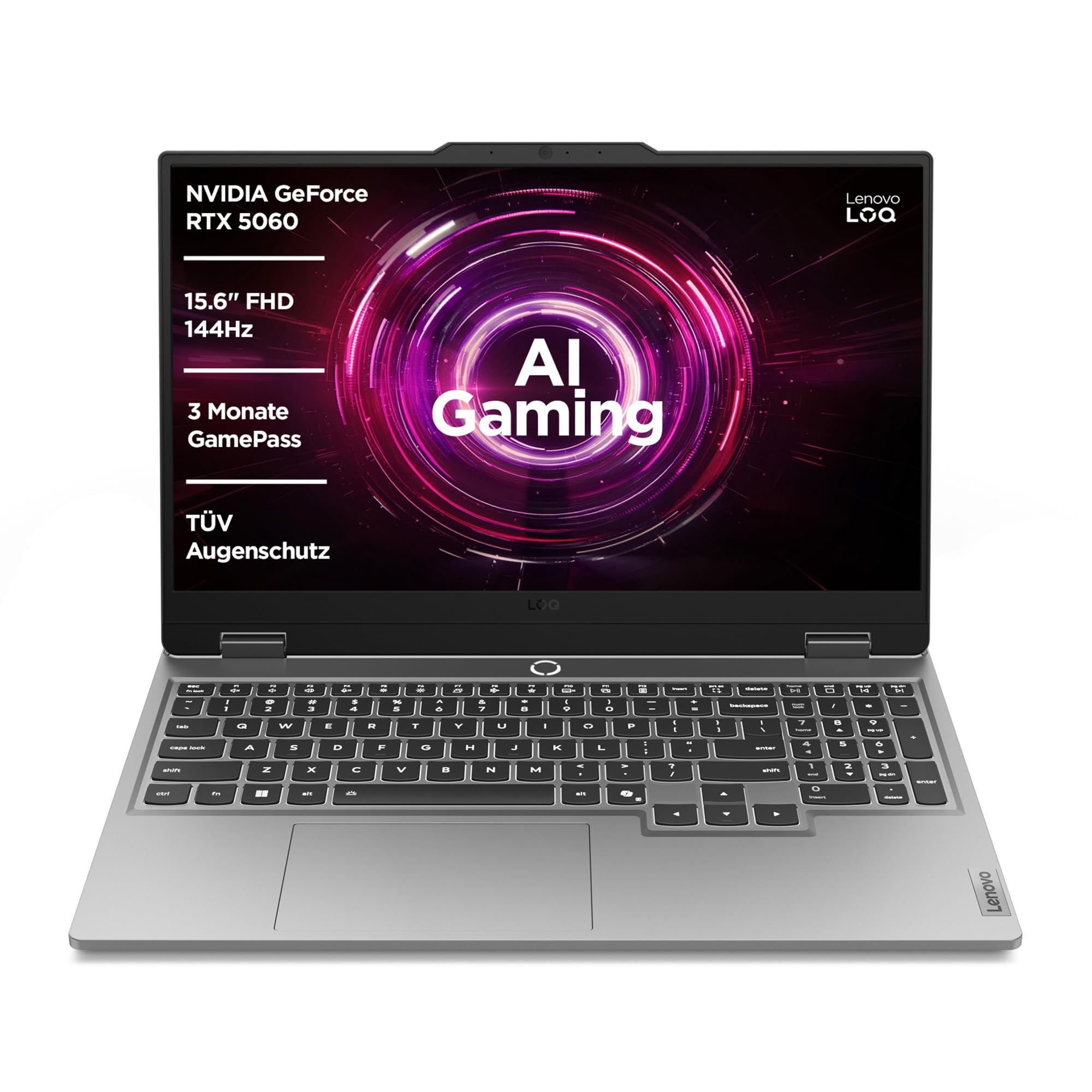 Lenovo LOQ Gaming AI Laptop | 15.6" Full HD 144Hz LCD Display |NVIDIA GeForce RTX 5060 | AMD Ryzen 7 250 | 16GB RAM | 1TB SSD | Win11 | QWERTZ | Luna Grau | Weiss beleuchtet | 3 Monate GamePass