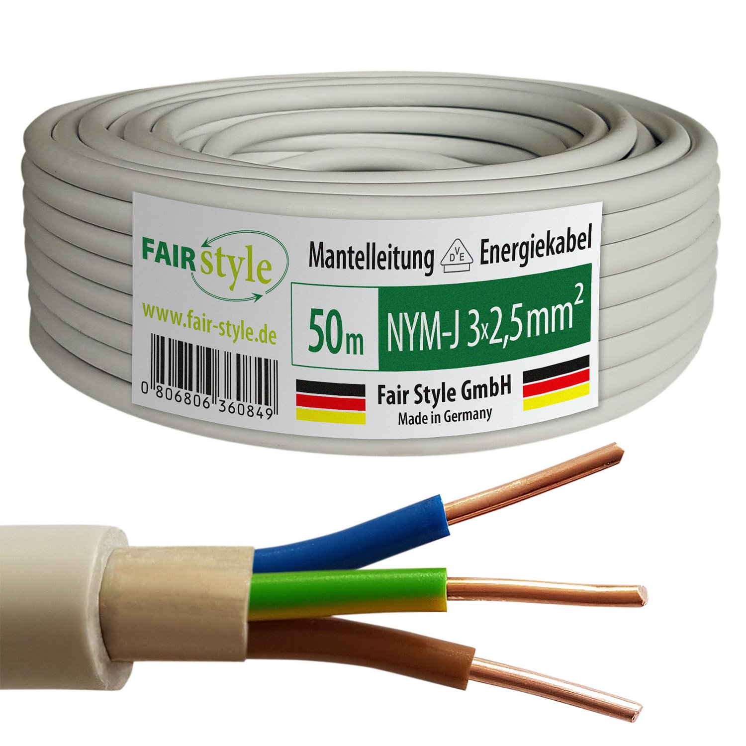 50m NYM-J 3x2,5 mm² Mantelleitung Feuchtraumkabel Elektrokabel Kupfer Made in Germany
