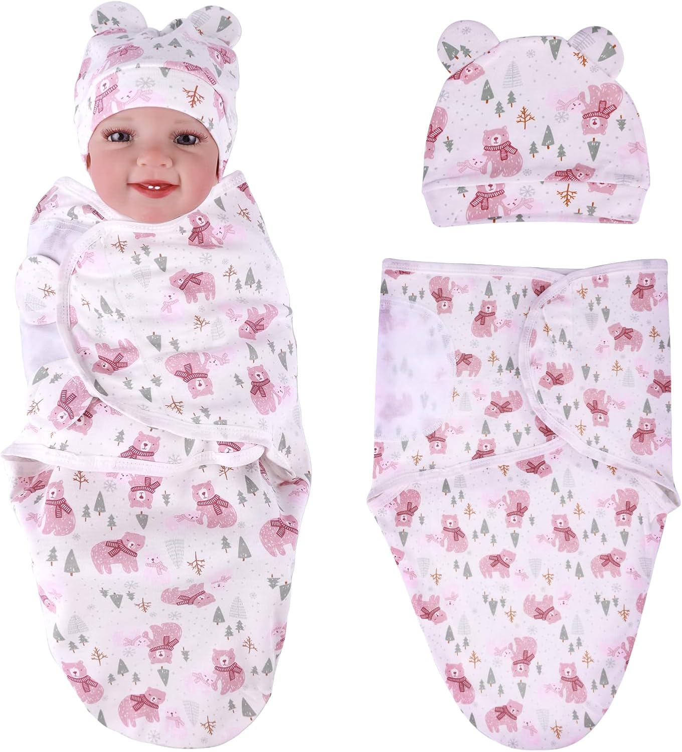 BABESIDE 2 PCS Swaddle Blanket Wrap Set Cotton Bath Towel with Hat for 17-22 Inch Baby Doll Boys Girls Newborn Clothes Sleepers Cap Bear Pattern