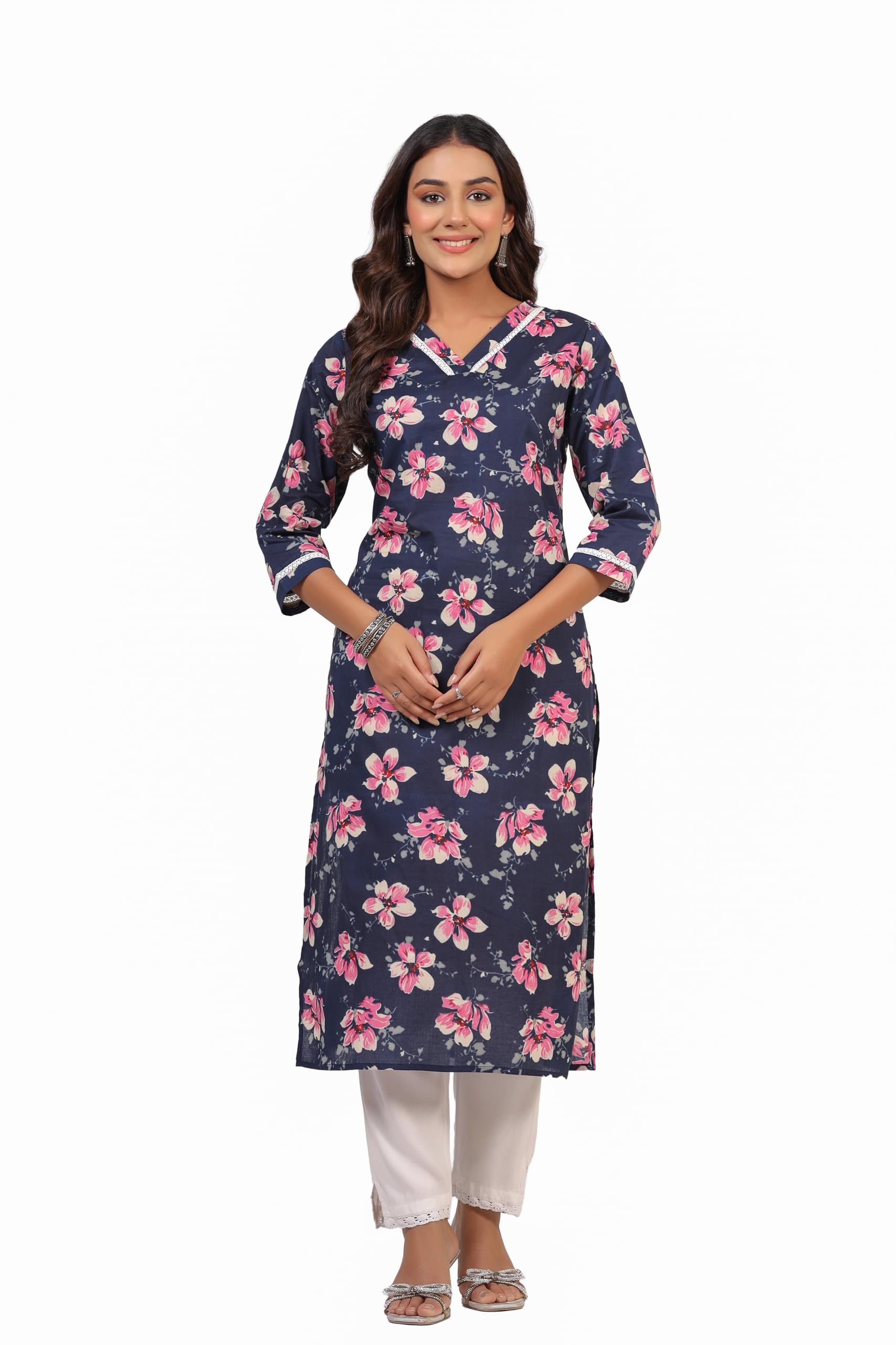 ichaa Women’s Cotton Printed Kurta with V-Neck | 3/4 Sleeve Straight Kurta-picture-21