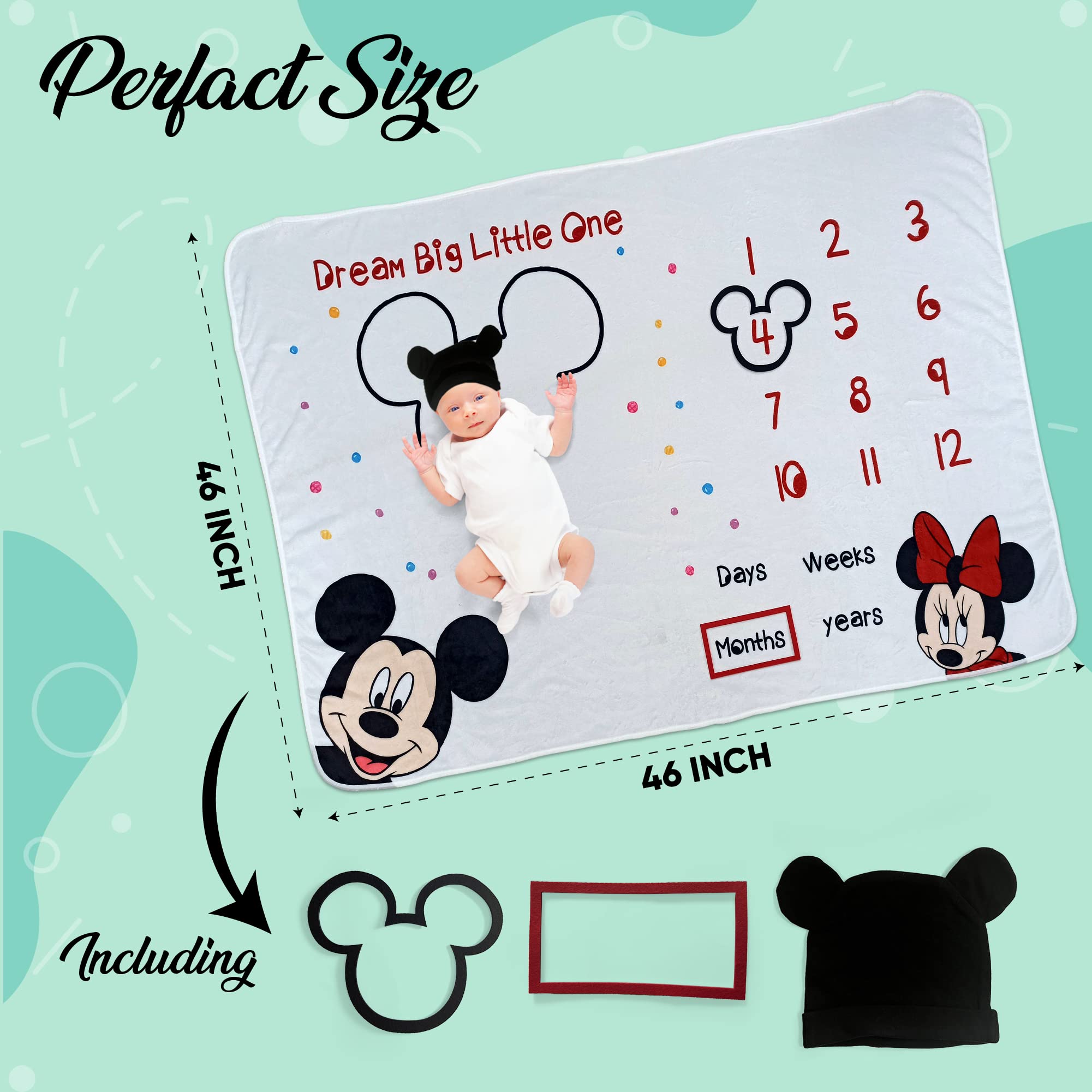 babyly Manta de hito para bebé con tabla de crecimiento, sombrero y marcos, perfecta para capturar recuerdos con el tema de Disney, manta unisex de 40 x 60 pulgadas para bebé niña y niño