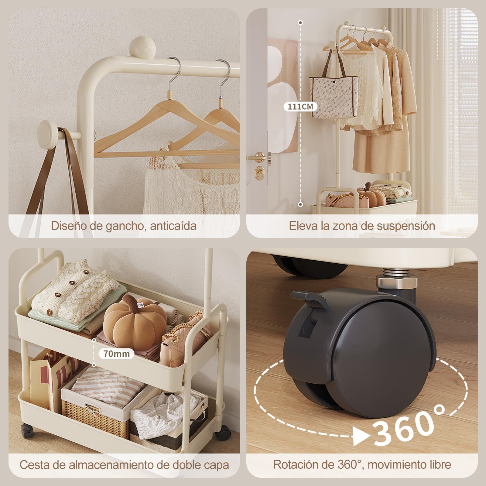 Ergocar Percheros Burro Metal Con Cestas Almacenamiento Sellado Múltiple y Perchas Independientes Móviles Con Percha Polea Pequeña Estante Ropa Moderna