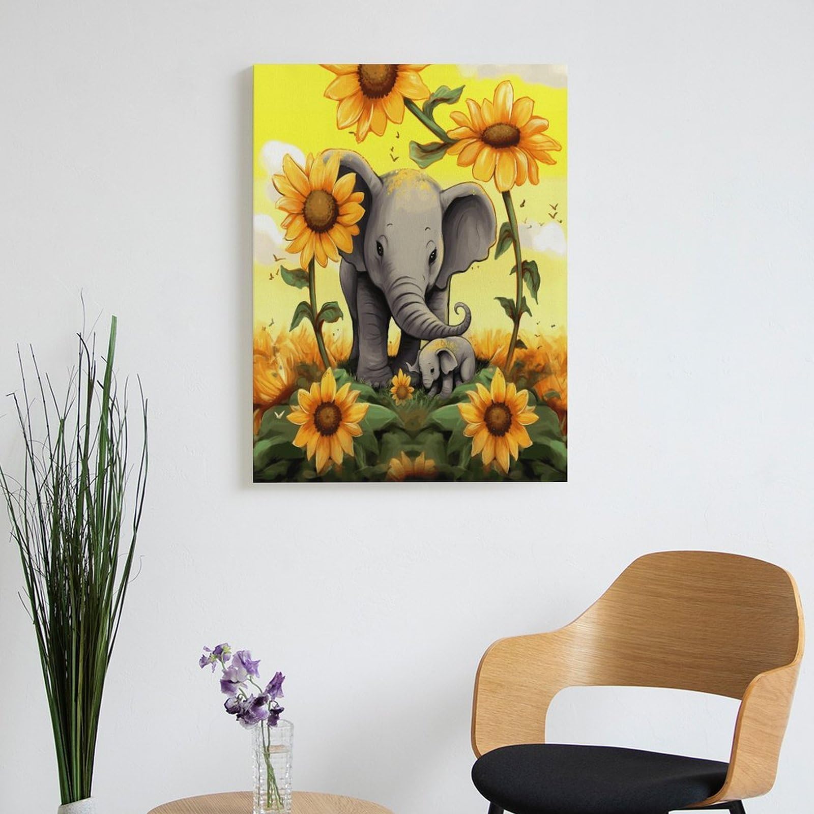 LPAGBCNU Malen nach Zahlen für Erwachsene und Anfänger, Erwachsene, Motiv: Elefant und Baby, Elefant, Sonnenblumen, Malen nach Zahlen, Kits auf Leinwand, DIY-Acryl-Ölfarben, Gemälde mit Pinseln für