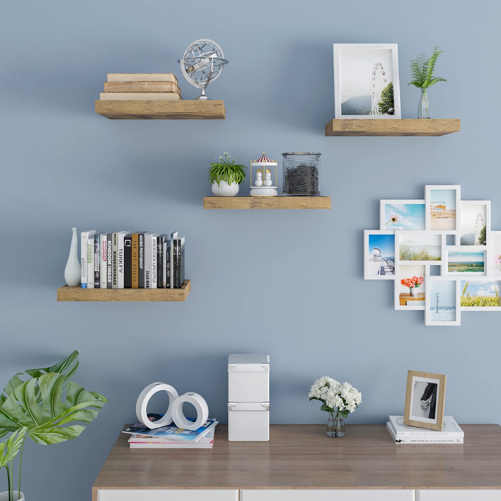 WOLTU zwevend rek, wandplank, vrij zwevend, wandplank, boekenplank, houten plank voor boeken, foto's, decoratie, 50 x 23 x 3,8 cm, vintage bruin RG9368hov