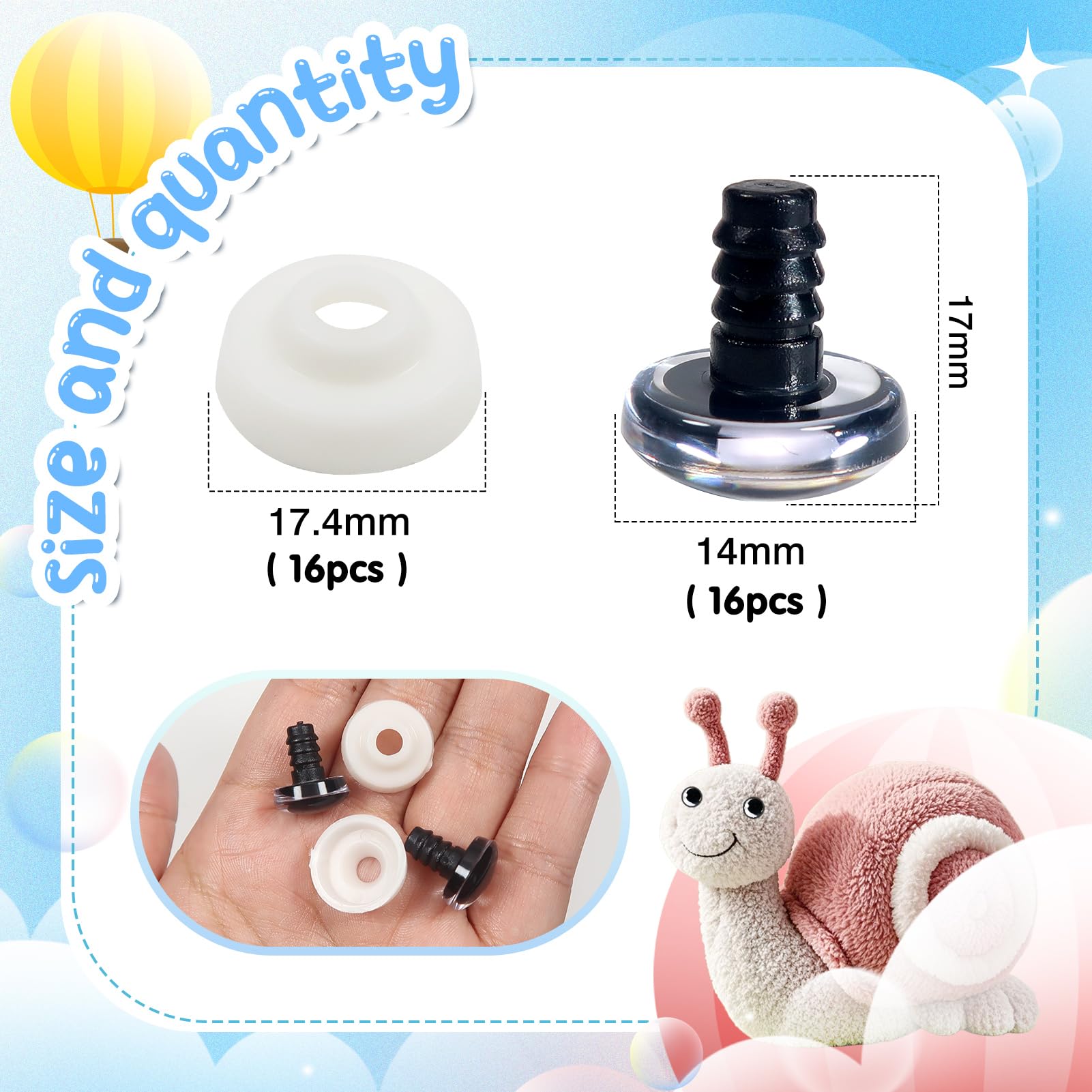 TOAOB 16pcs Plastic Safety Eyes 14mm Large Oval Craft Crochet Doll Eyes with Washers for Stuffed Animals Amigurumis Crocheting Dolls Making