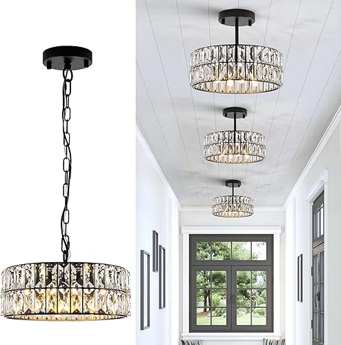 Lámpara Colgante de Cristal de 4 Luces Araña Moderna Negra Pequeña de 12" Cristal Semi Empotrada Luz de Techo Redonda para Isla de Cocina,