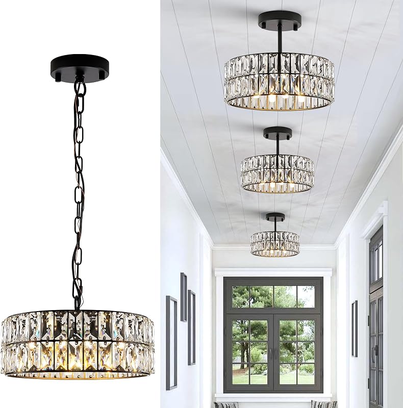 Black Crystal Chandelier 12" 4-Light Modern Ceiling Pendant Light | Round Small Semi Flush Mount Ceiling Light,Luxury K9 Crystal Lighting,for Kitchen Island Foyer Hallway,Fits G9 Socket