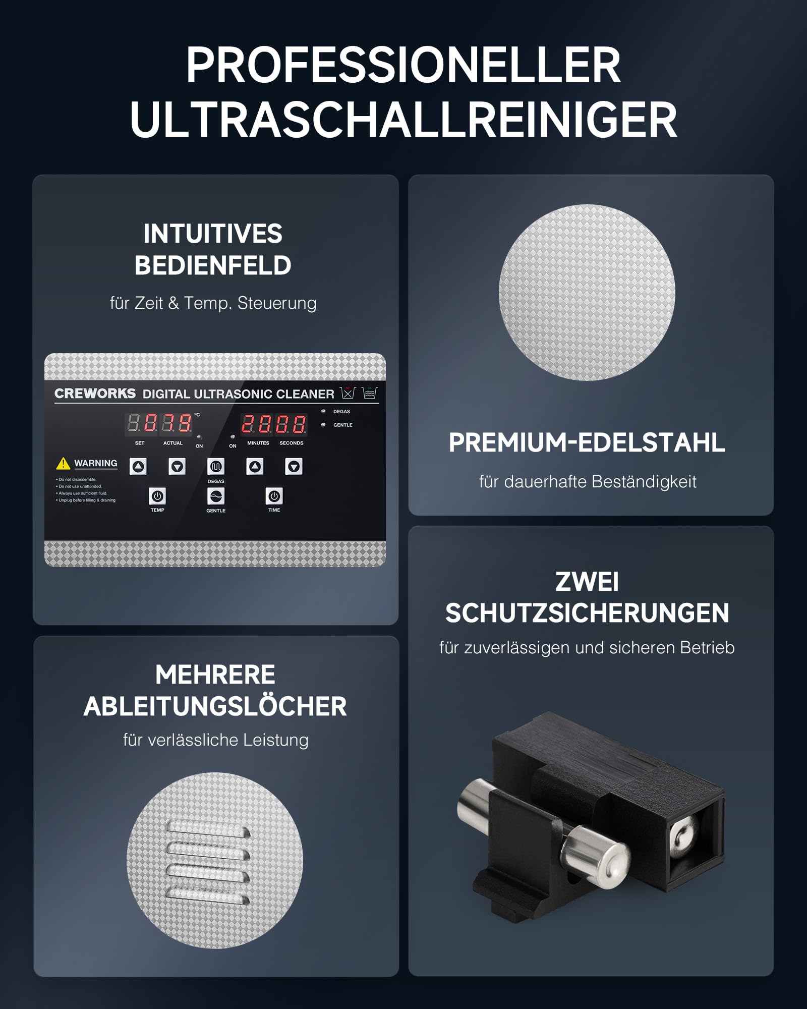 CREWORKS 15L Ultraschallreiniger Edelstahl mit Degas & Halbwellen-Funktion, 360W Ultraschallreinigungsgerät 450W Heizung, Ultraschallbad für Vergaser Motorteile Schmuck Brillen Labor