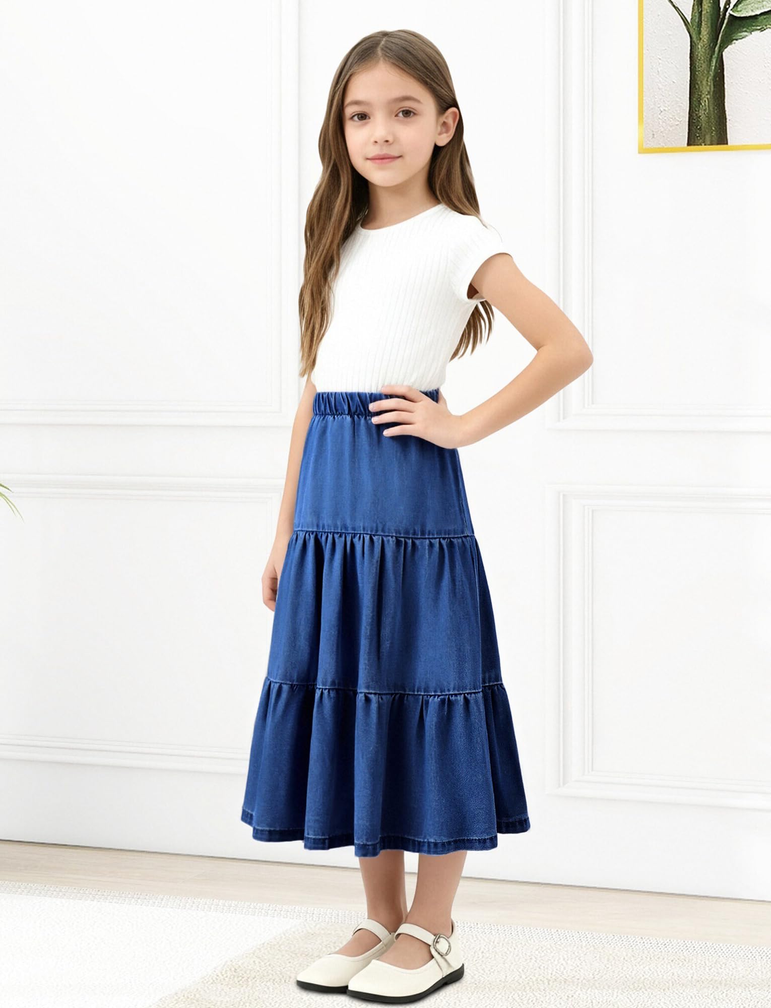 Happy Cherry - Jupe en Jeans Longue Fille Taille Élastique pour Fêtes École Carnaval Filles Jupes Maxi en Denim Trapèze Y2K Vintage Streetwear Enfants pour Été Hiver Printemps Automne - 110-164