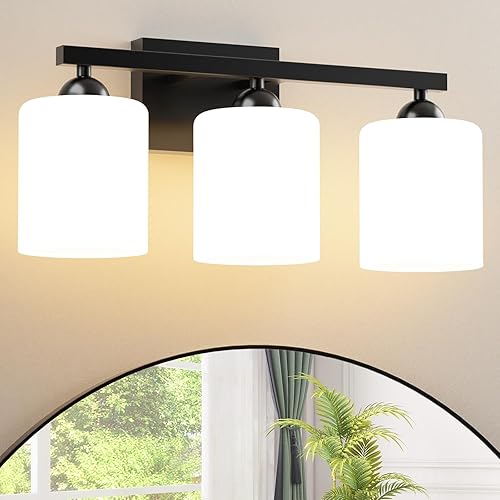 Quntis Lámpara de baño negra sobre espejo, 5 colores ajustables, 3 luces LED para tocador de baño con pantalla de vidrio esmerilado blanco lechoso,