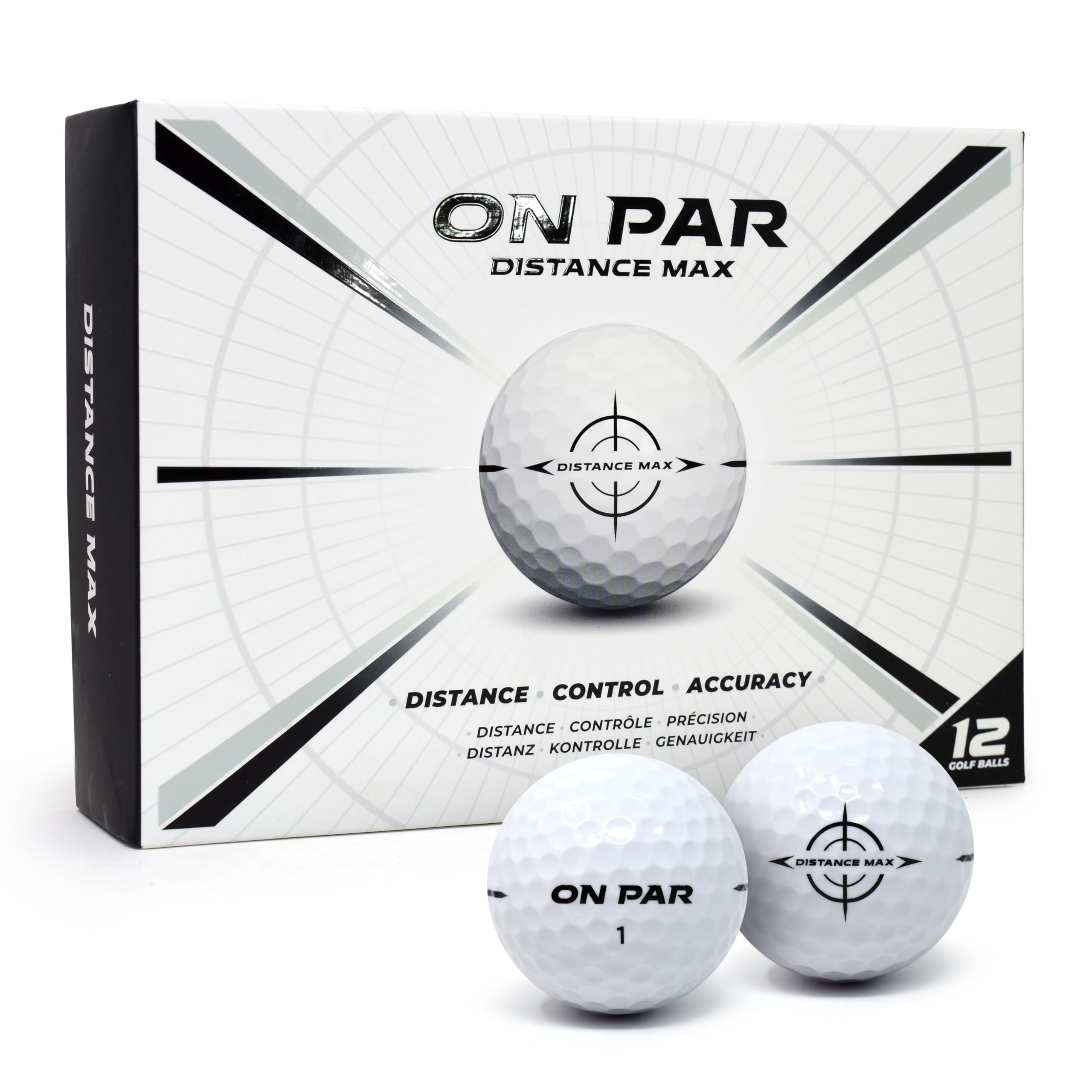 On Par Distance Max Golf Balls - 12 Pack for Enhanced Distance, Control & Accuracy, Ideal Golf Gift for All Swing Speeds with Bold Target Graphic, Premium Golf Accessories, White